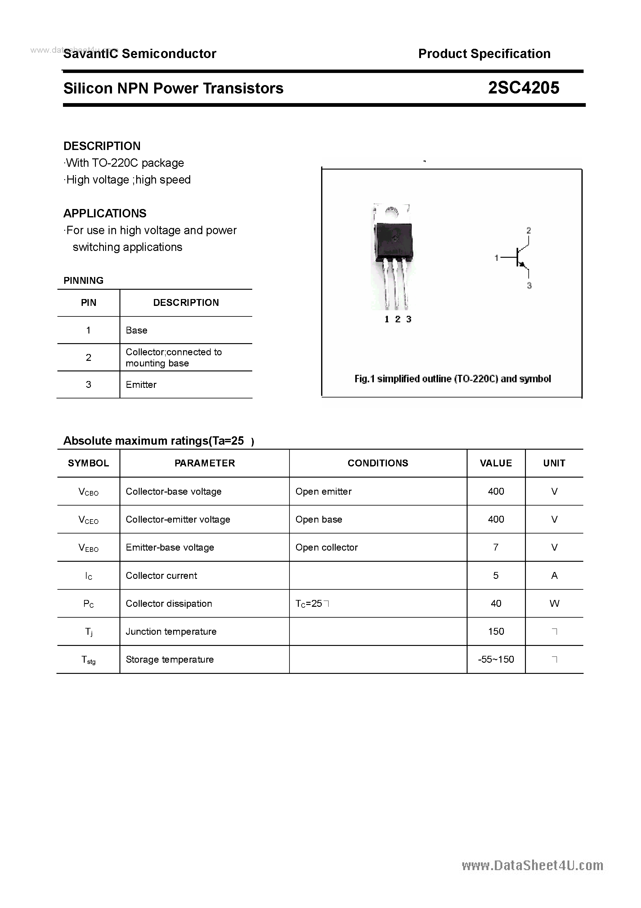 Datasheet 2SC4205 - SILICON POWER TRANSISTOR page 1