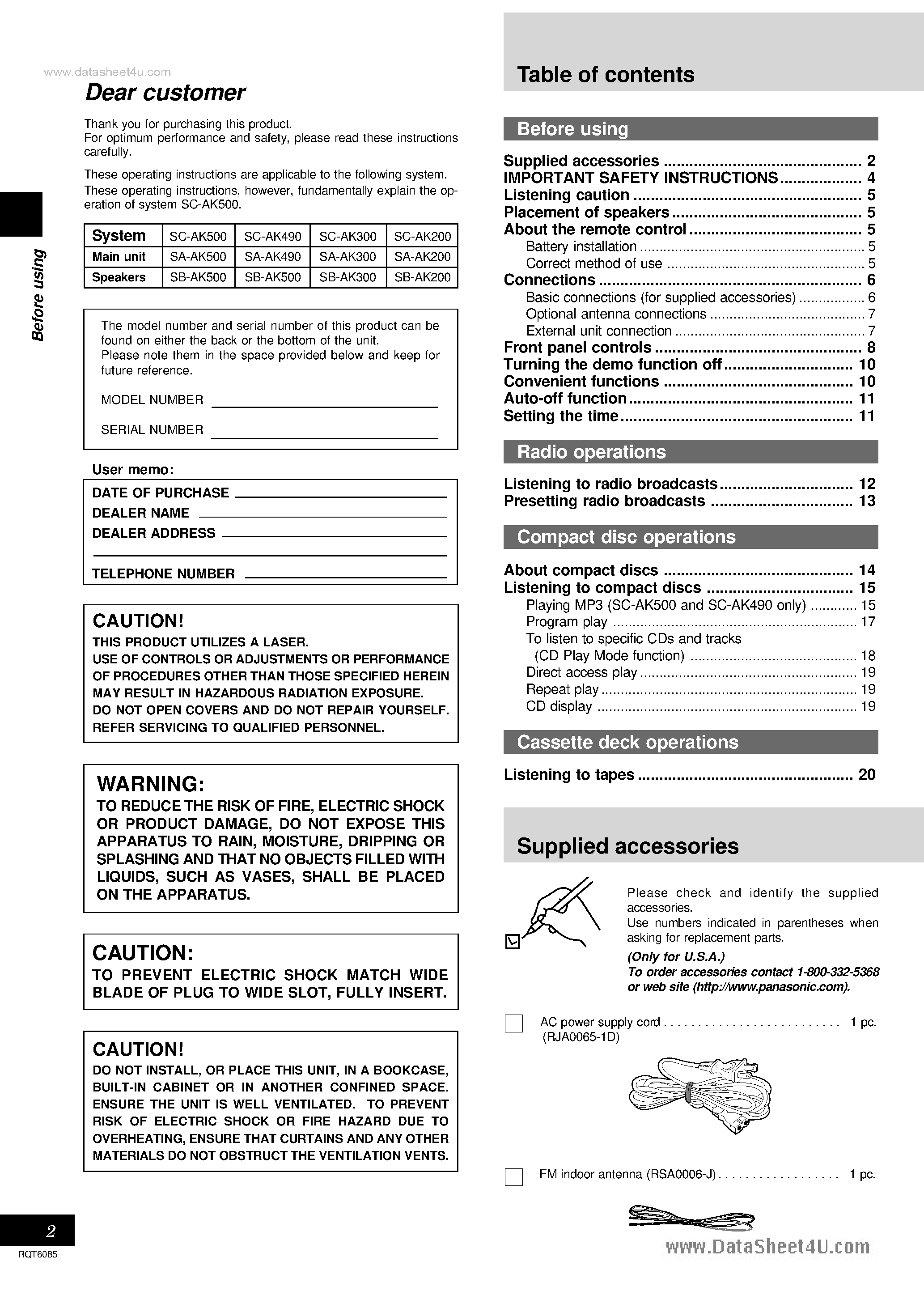 Даташит SC-AK200 - (SC-AKxx0 ) CD Stereo System страница 2