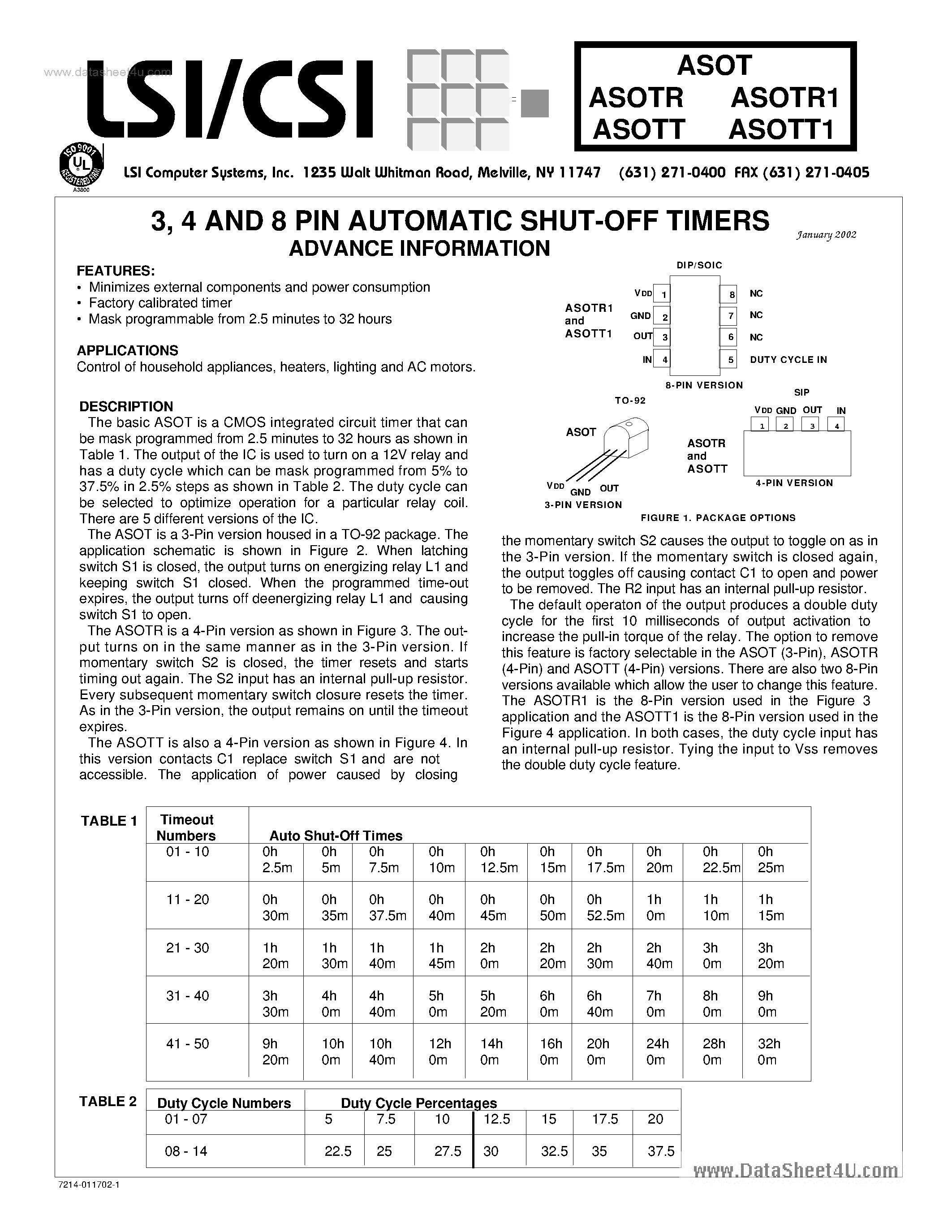 Даташит на микросхему ASOT страница 1 Даташит ASOT - 8-Pin Automatic Shut Off Timers страница 1