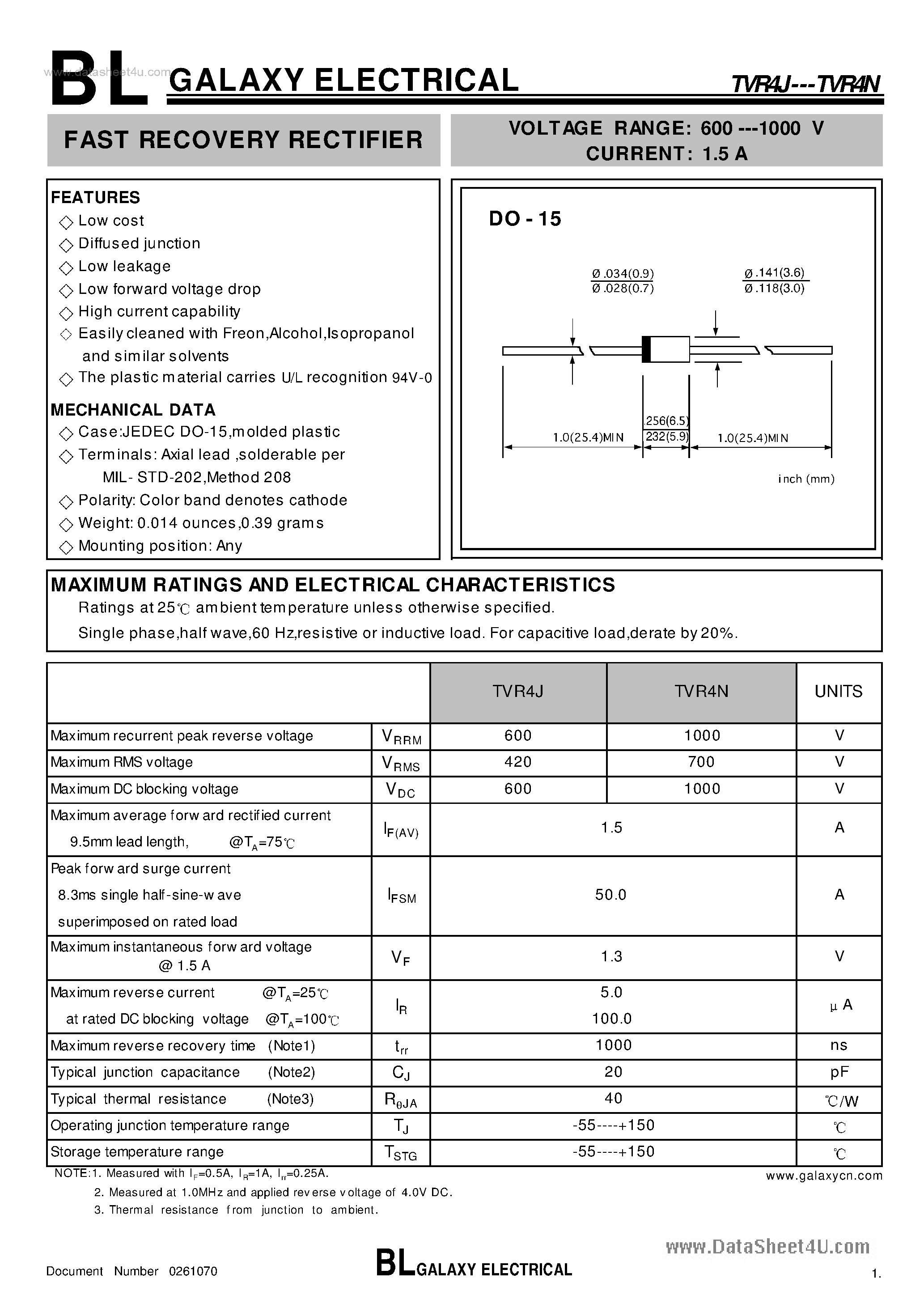 Datasheet TVR4J page 1 Datasheet TVR4J - (TVR4J / TVR4N) FAST RECOVERY RECTIFIER page 1