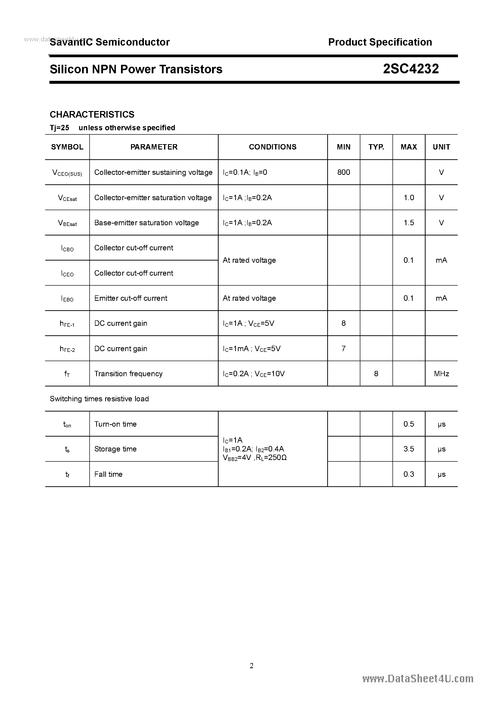 Datasheet 2SC4232 page 2 Datasheet 2SC4232 - SILICON POWER TRANSISTOR page 2