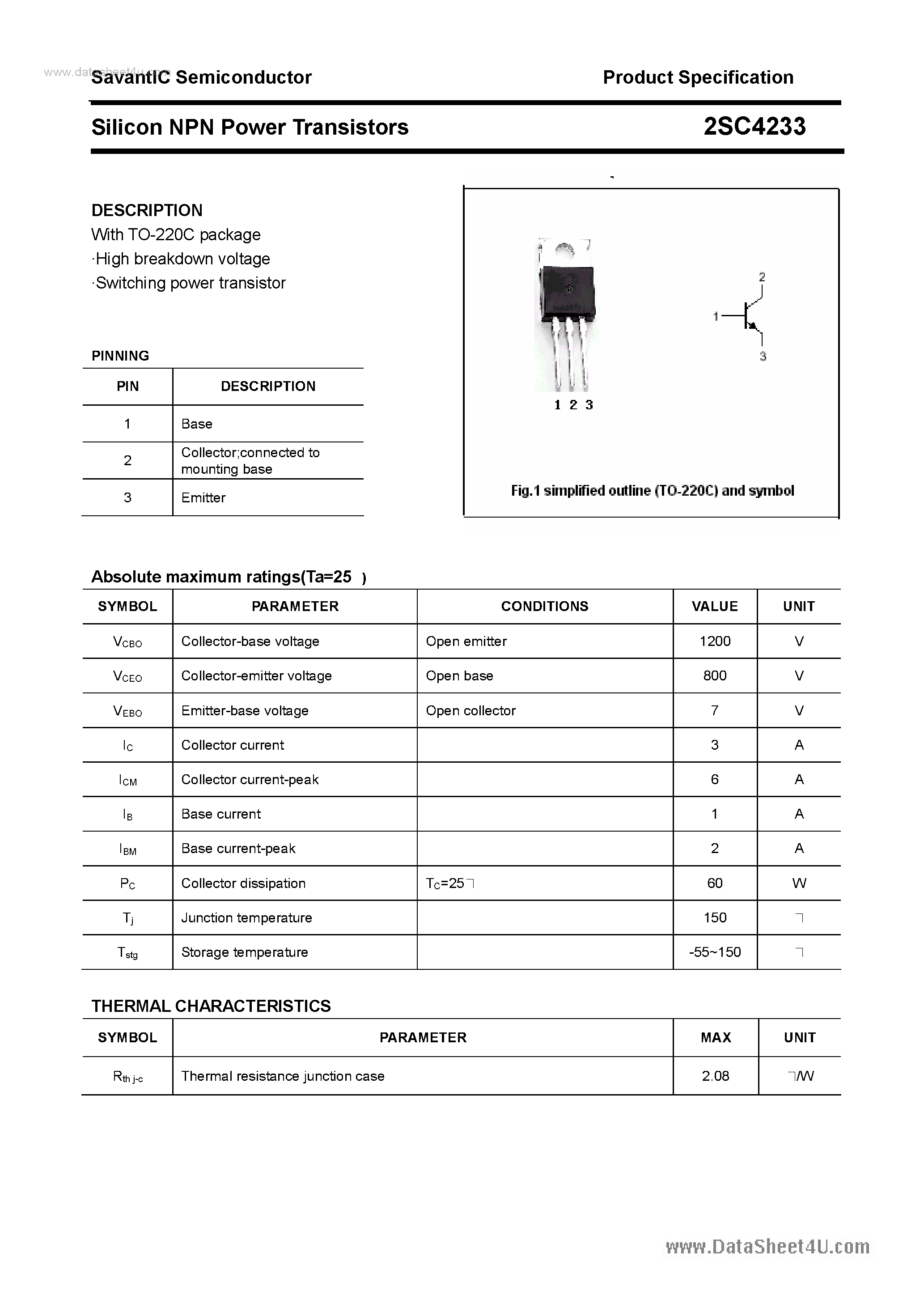 Datasheet 2SC4233 - SILICON POWER TRANSISTOR page 1