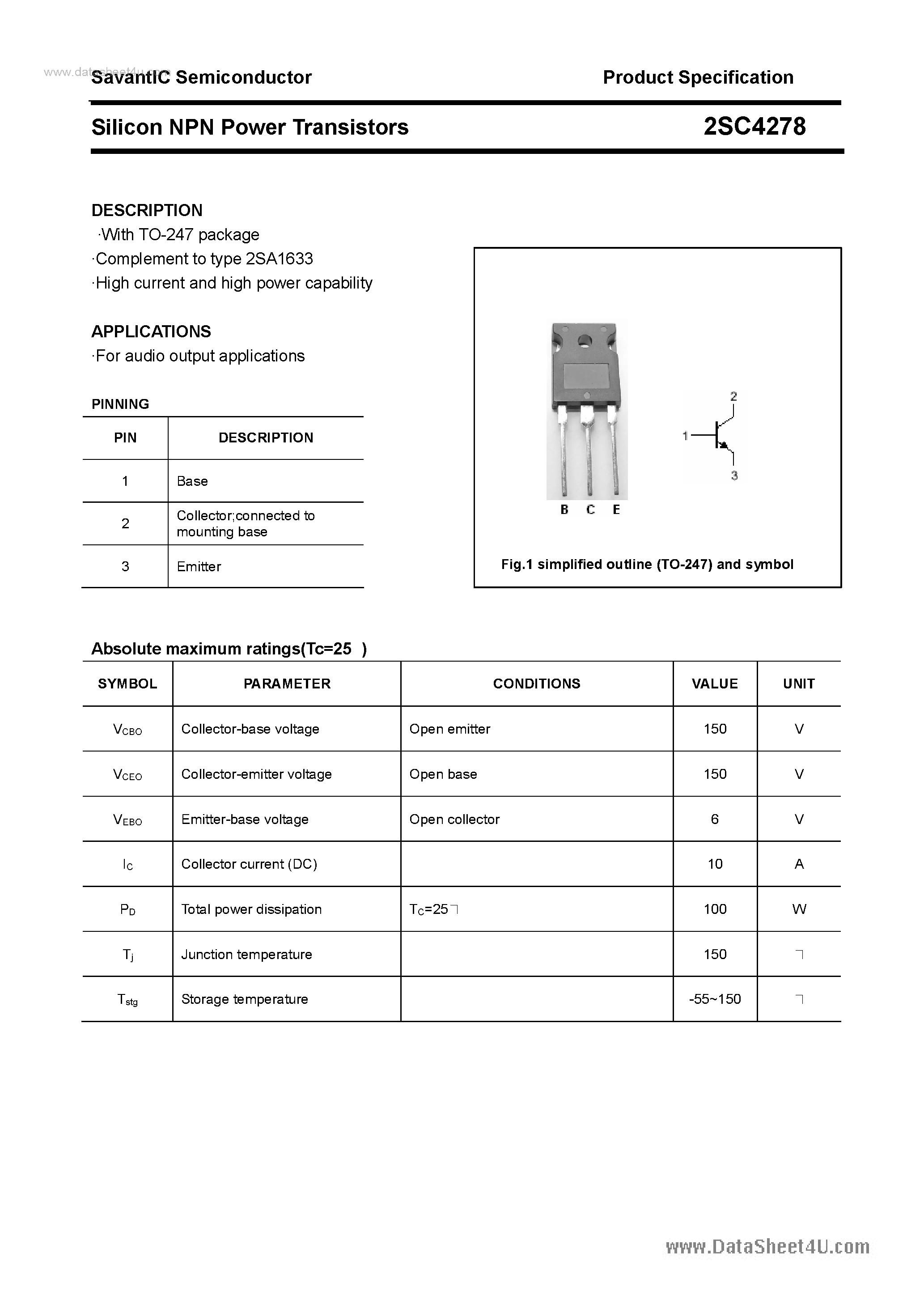 Datasheet 2SC4278 - SILICON POWER TRANSISTOR page 1