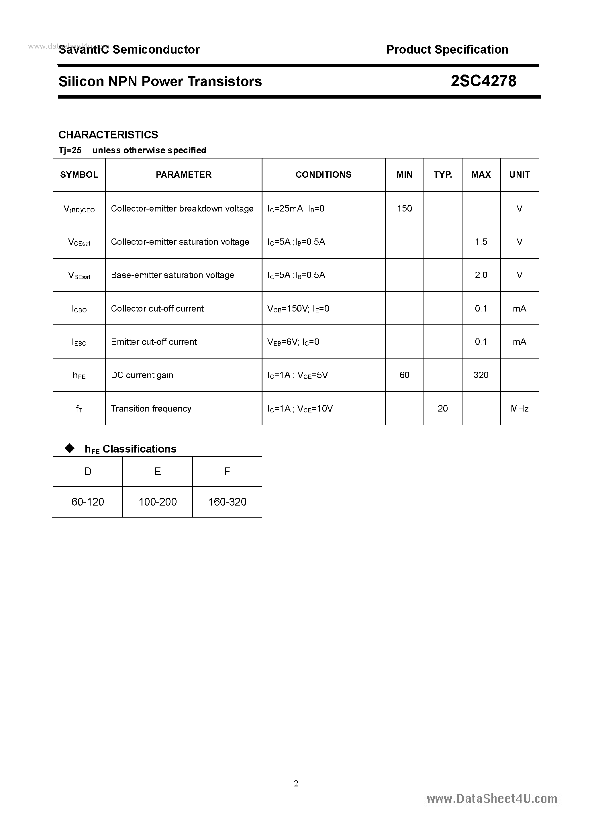 Datasheet 2SC4278 - SILICON POWER TRANSISTOR page 2