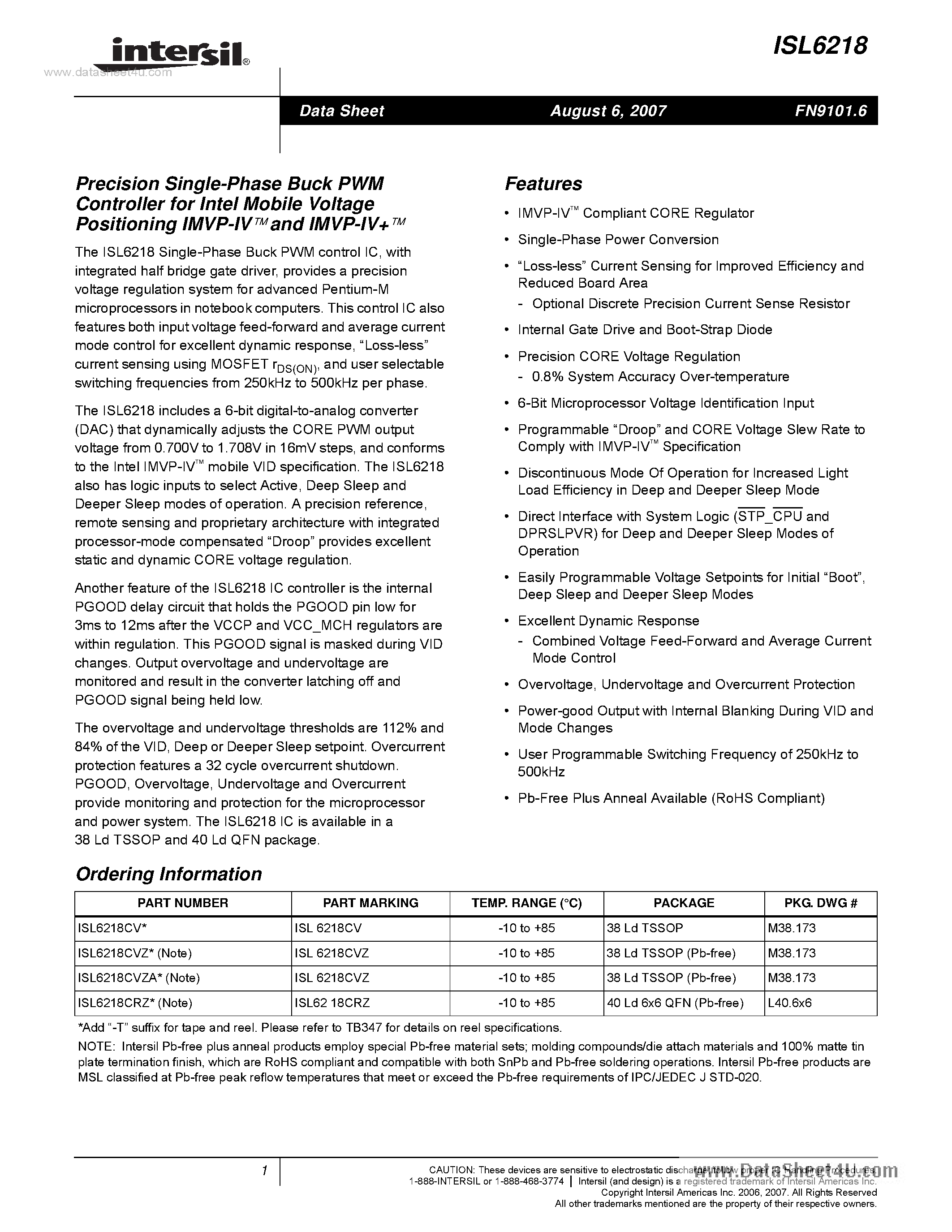 Datasheet ISL6218 page 1 Datasheet ISL6218 - Precision Single Phase Buck PWM Controller page 1