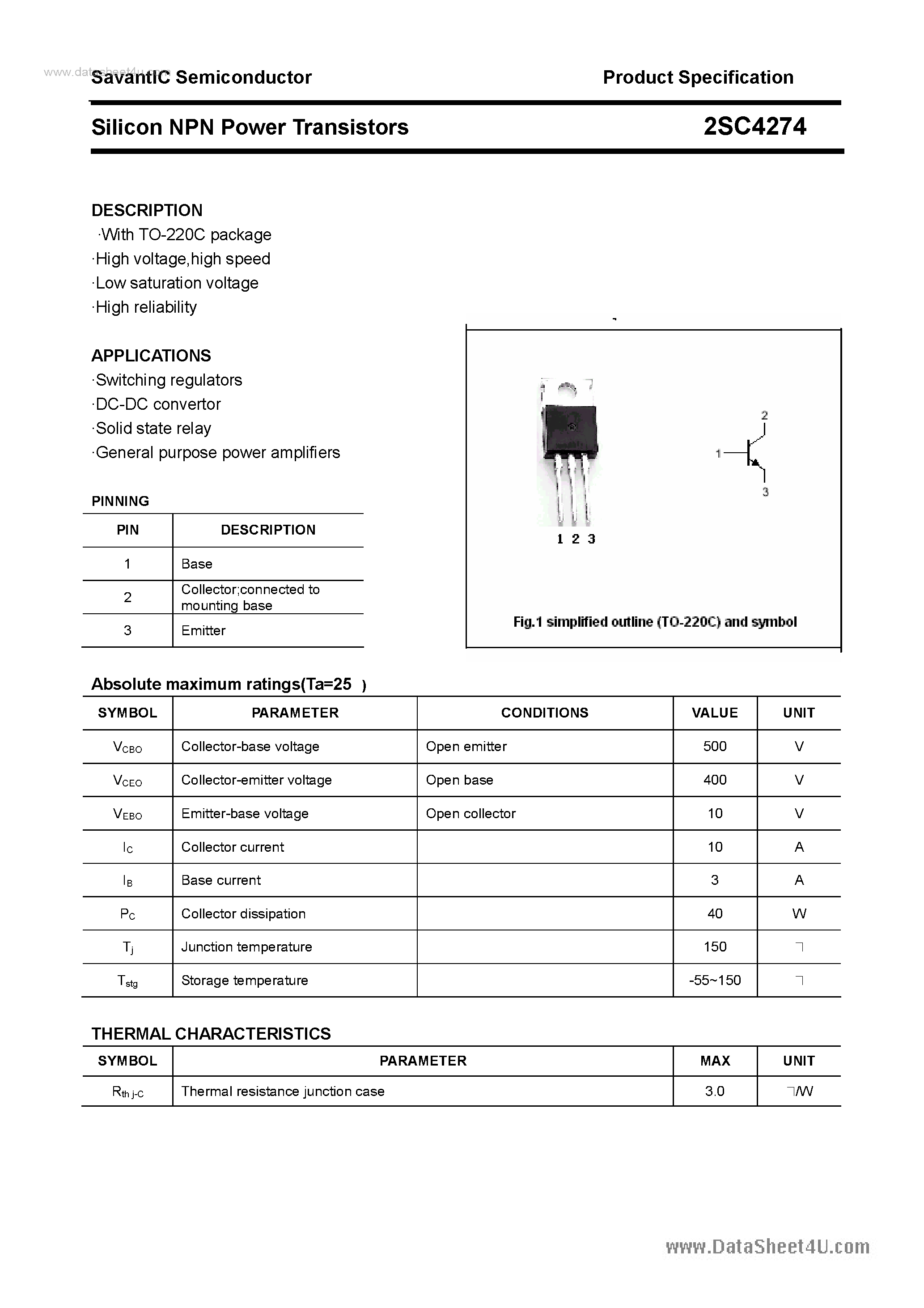 Datasheet 2SC4274 - SILICON POWER TRANSISTOR page 1