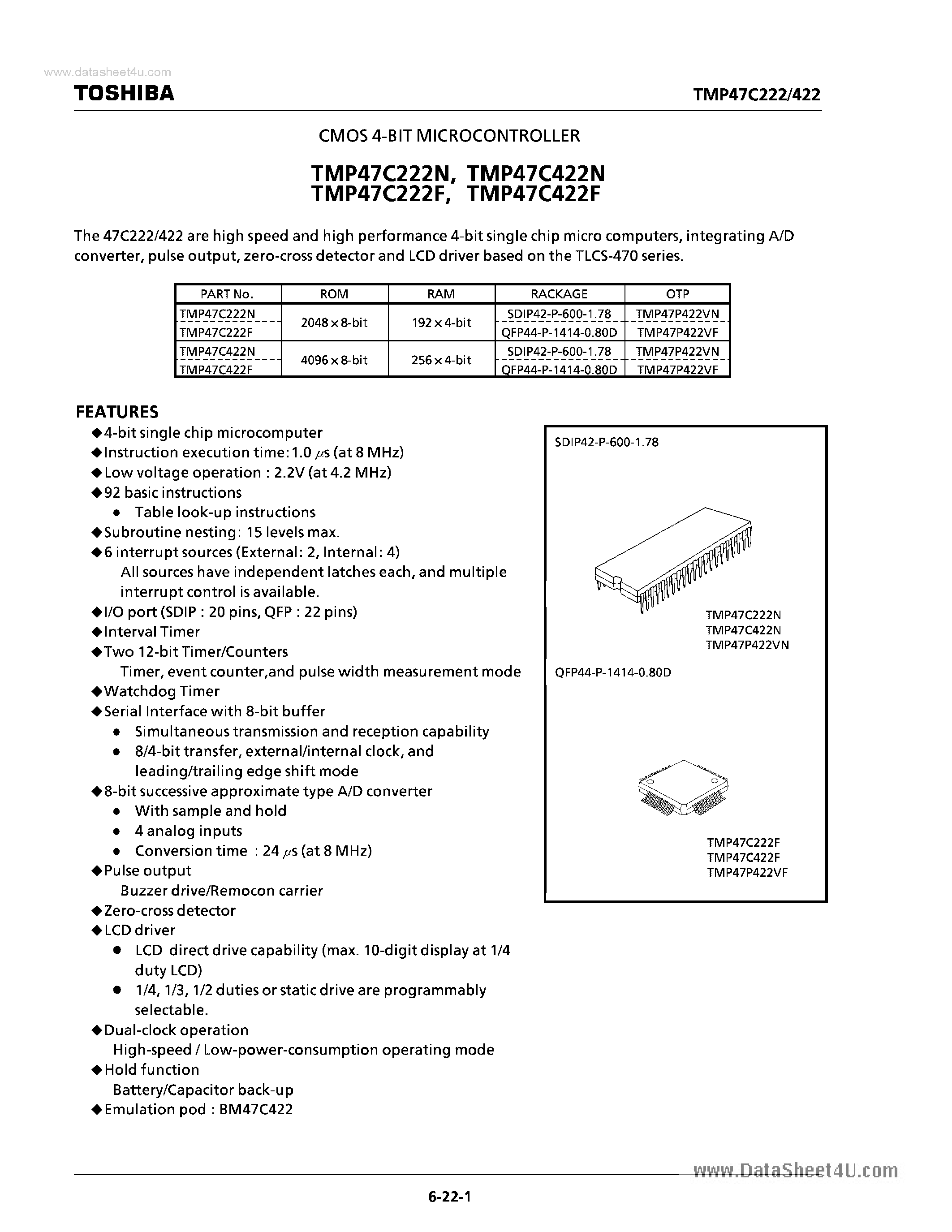 Datasheet TMP47C222F - CMOS 4-BIT MICROCONTROLLER page 1