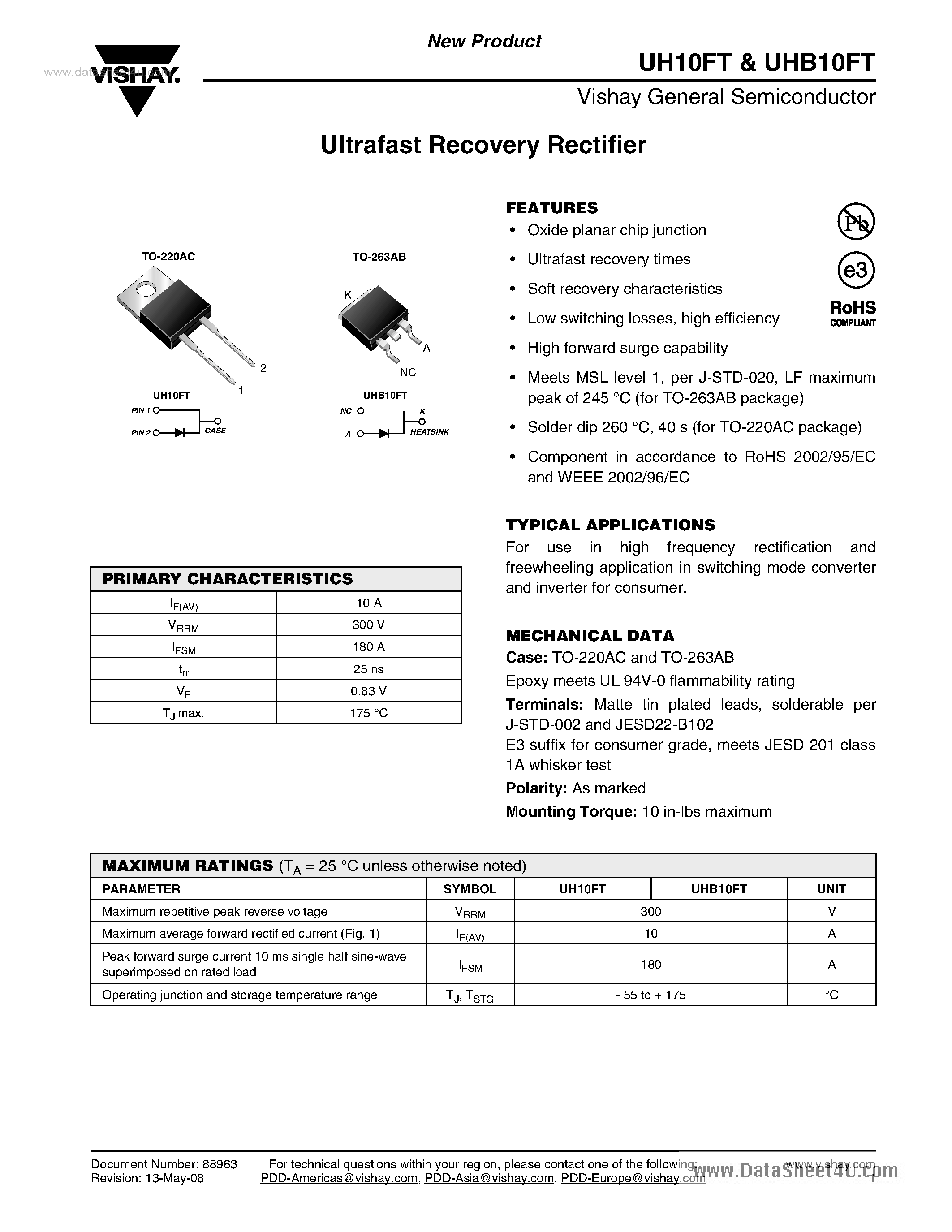 Datasheet UHB10FT page 1 Datasheet UHB10FT - Ultrafast Recovery Rectifier page 1