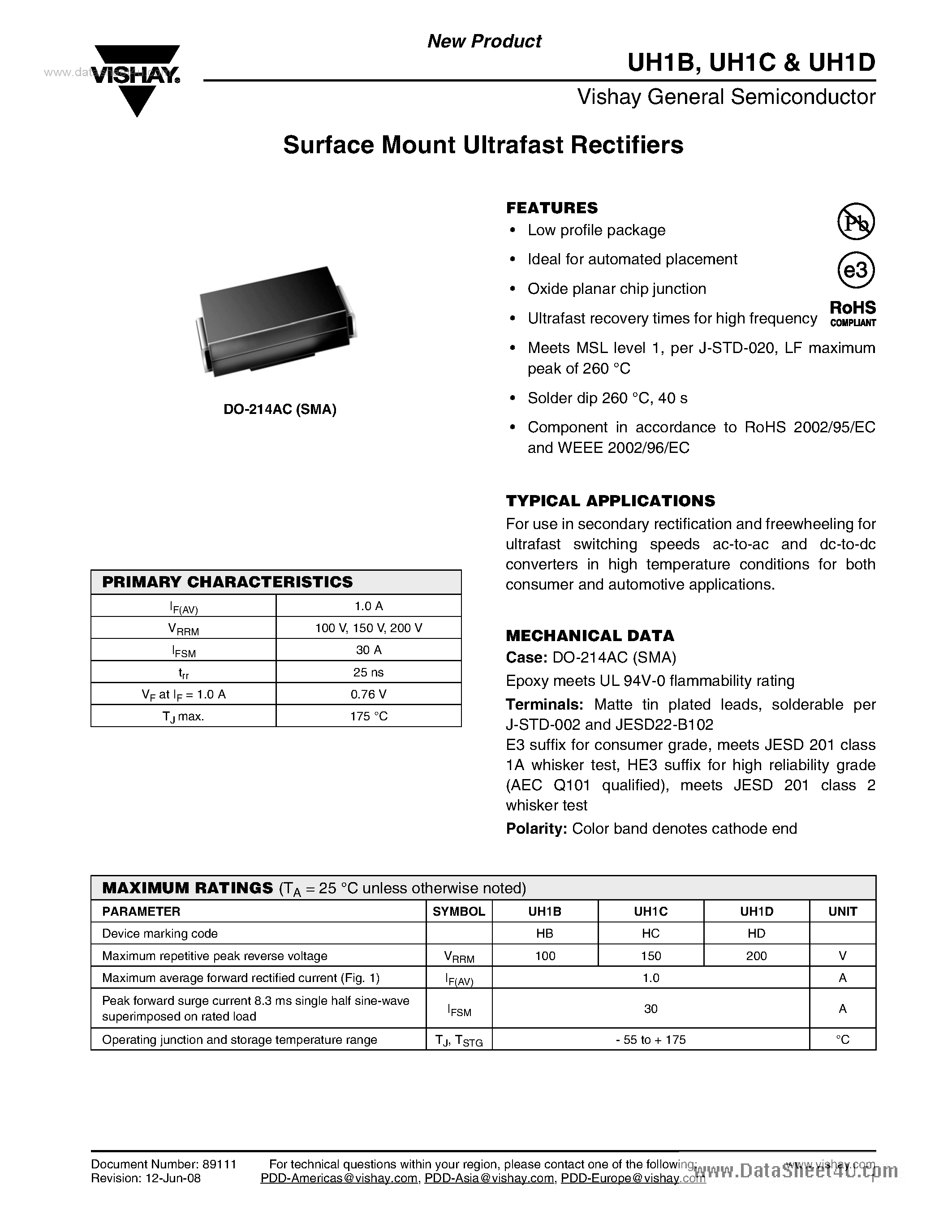 Datasheet UH1B - Surface Mount Ultrafast Rectifiers page 1