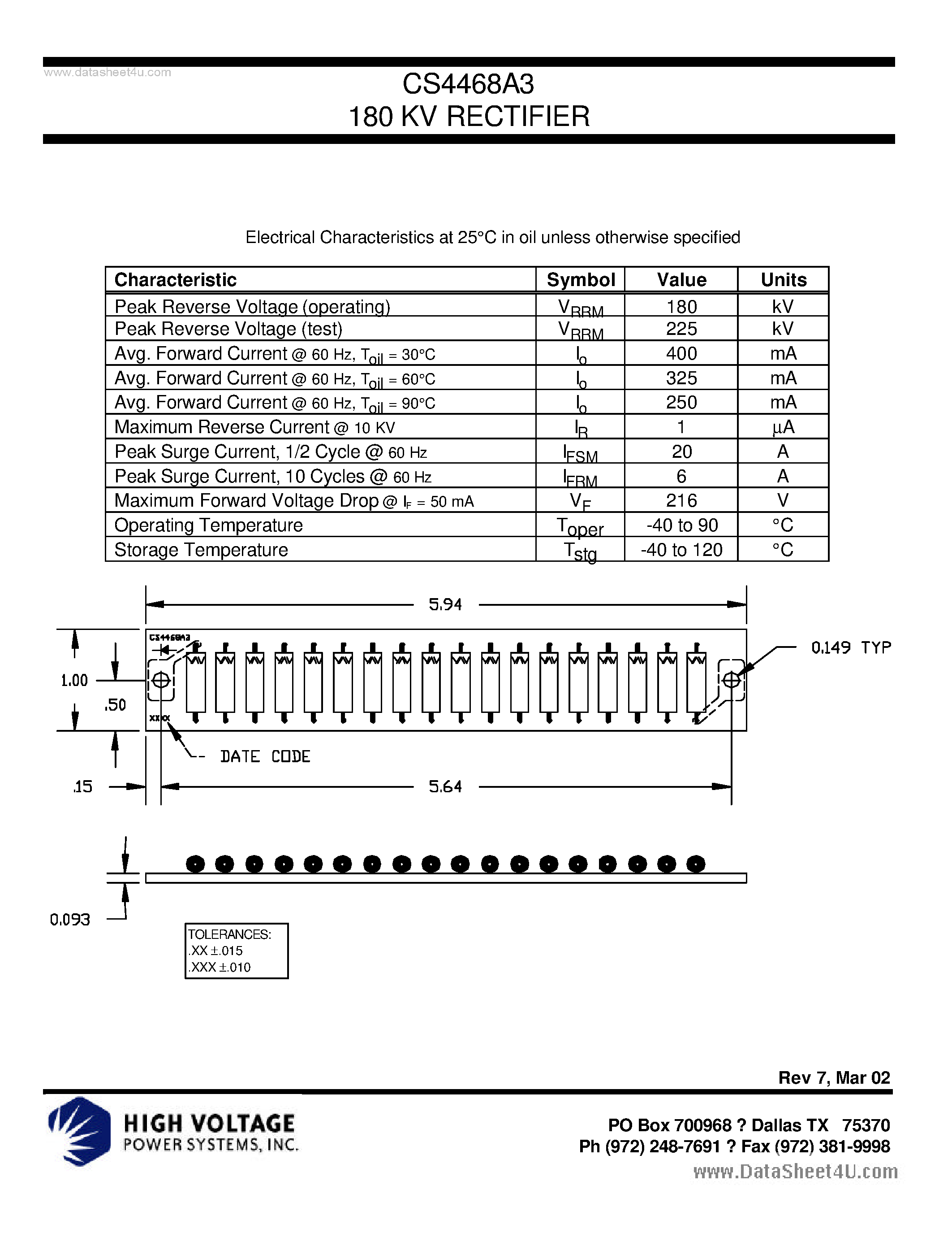 Datasheet CS4468A3 page 1 Datasheet CS4468A3 - 180 KV RECTIFIER page 1