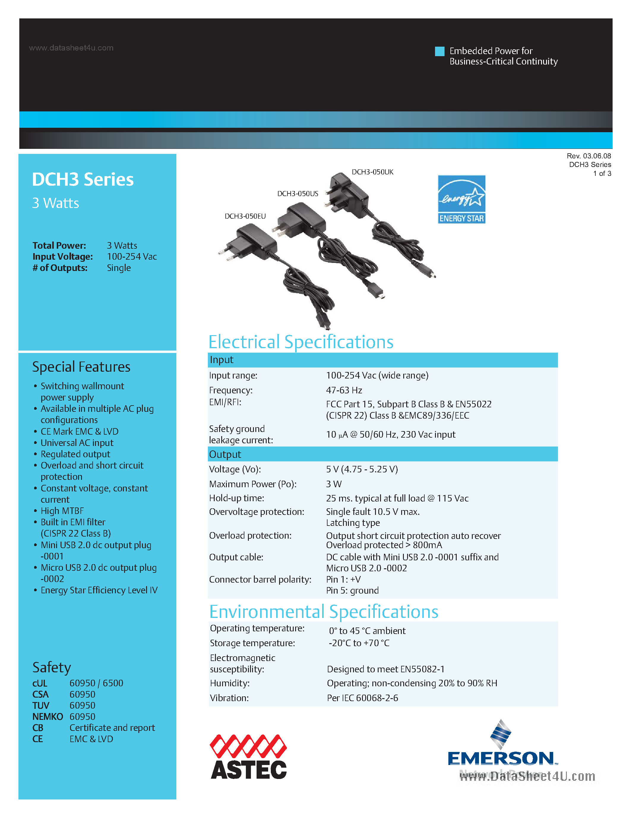 Даташит DCH3 - Switching wallmount power supply страница 1