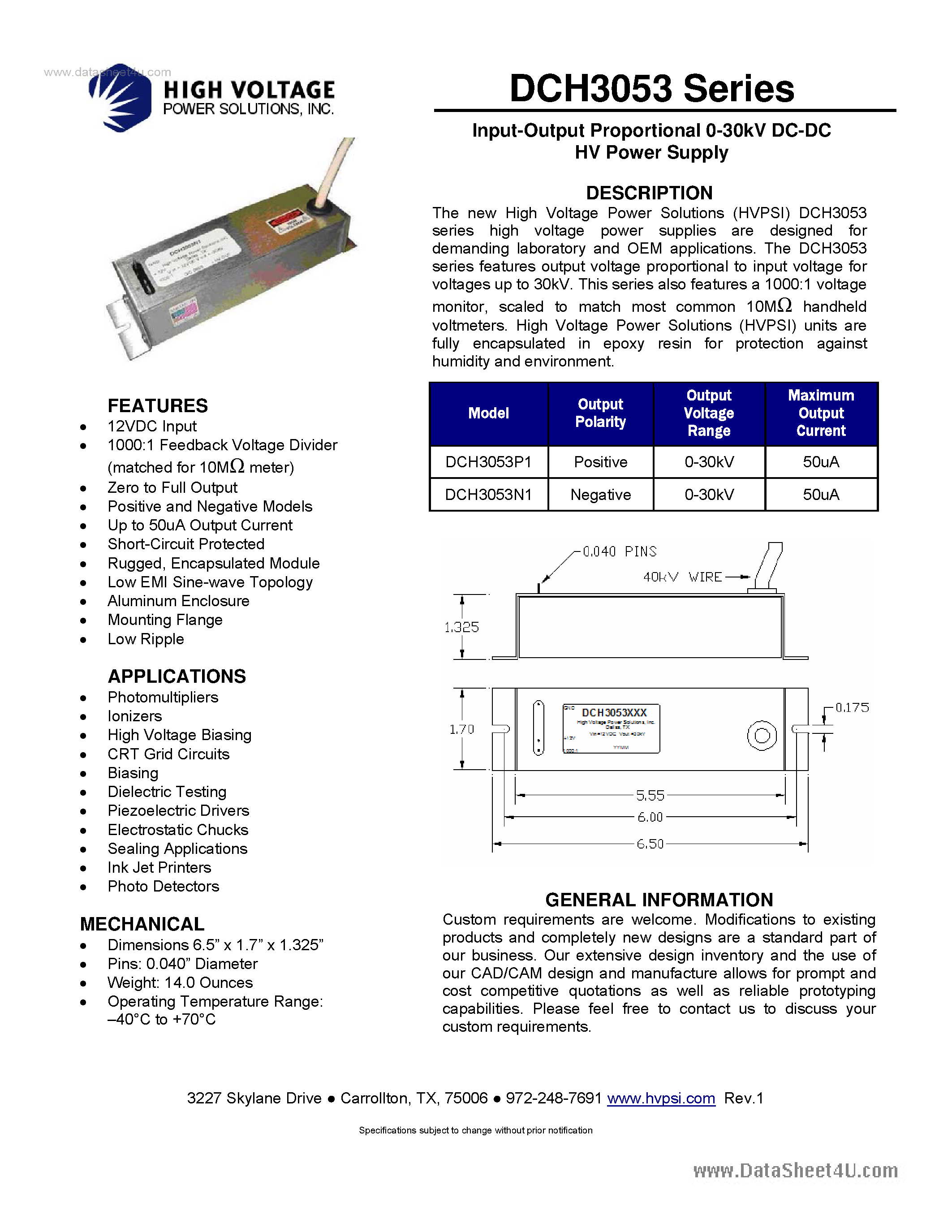 Datasheet DCH3053 page 1 Datasheet DCH3053 - Input-Output Proportional 0-30kV DC-DC HV Power Supply page 1
