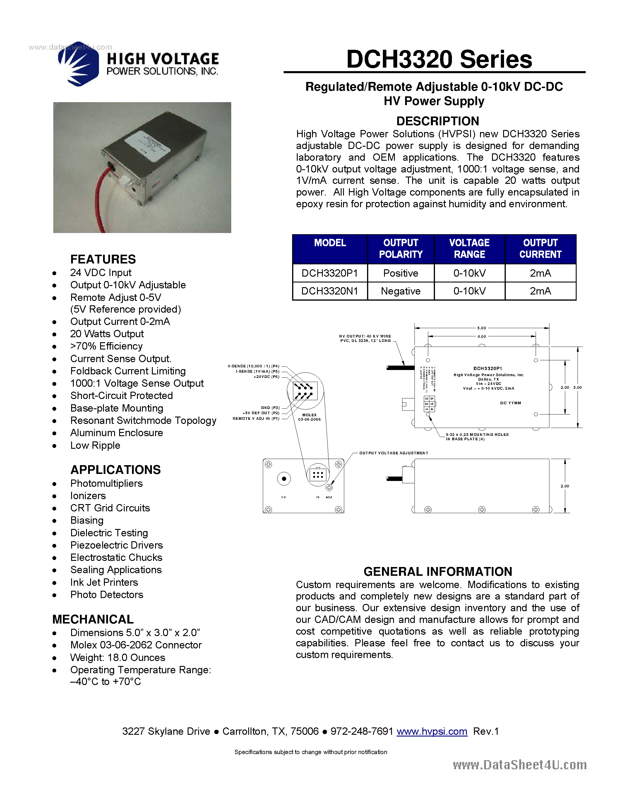 Datasheet DCH3320 page 1 Datasheet DCH3320 - Regulated/Remote Adjustable 0-10kV DC-DC HV Power Supply page 1