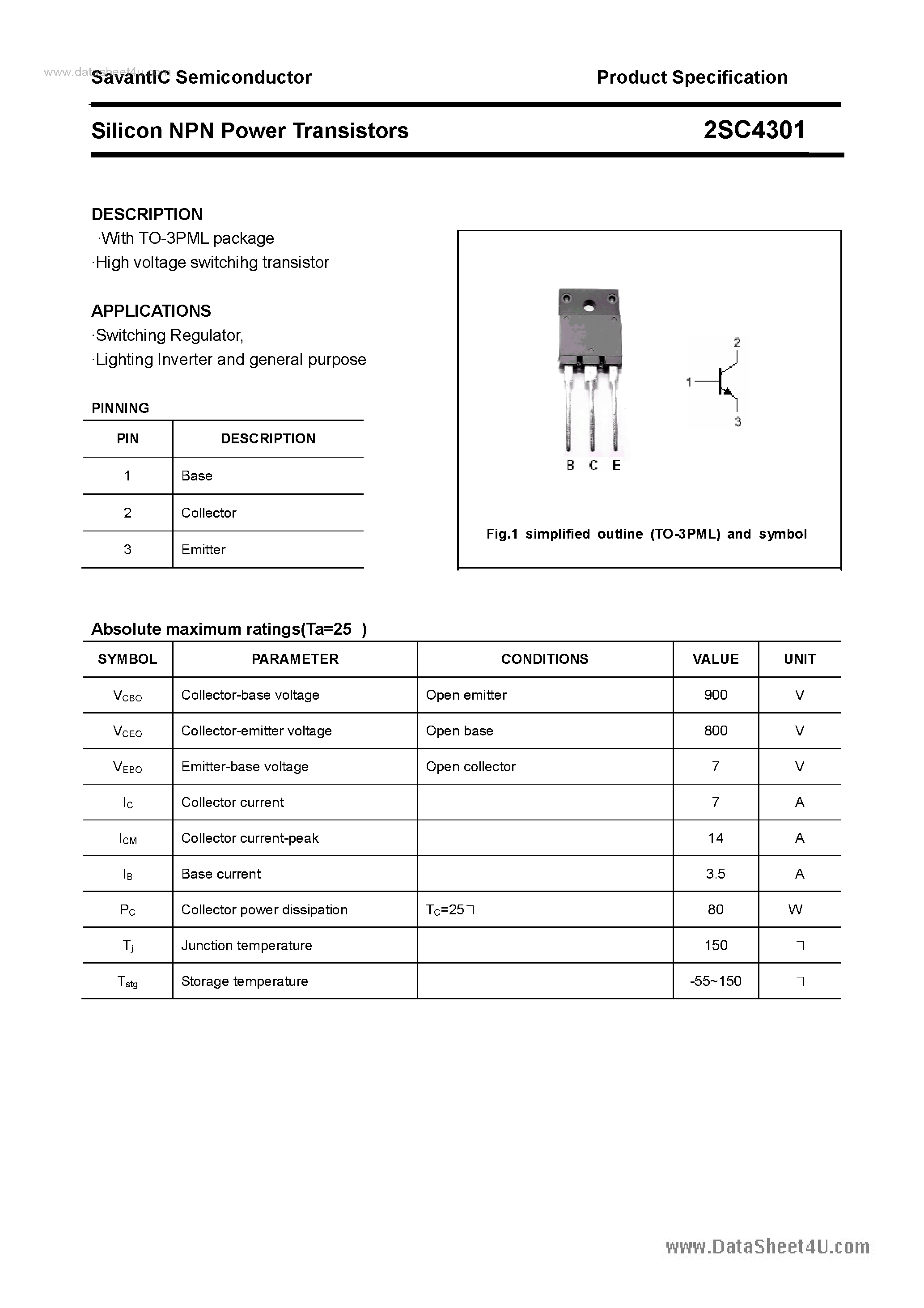 Datasheet 2SC4301 - SILICON POWER TRANSISTOR page 1