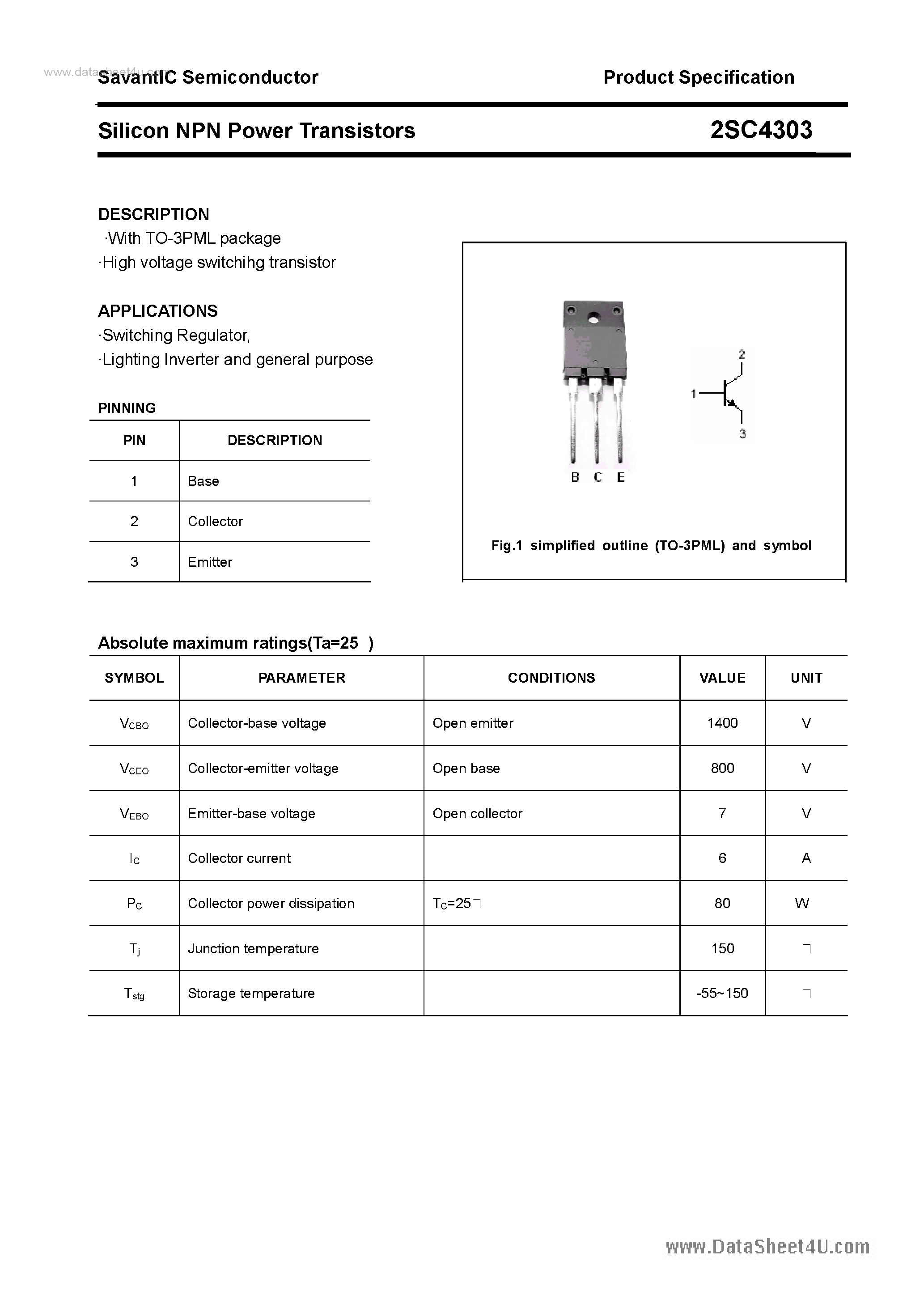Datasheet 2SC4303 - SILICON POWER TRANSISTOR page 1