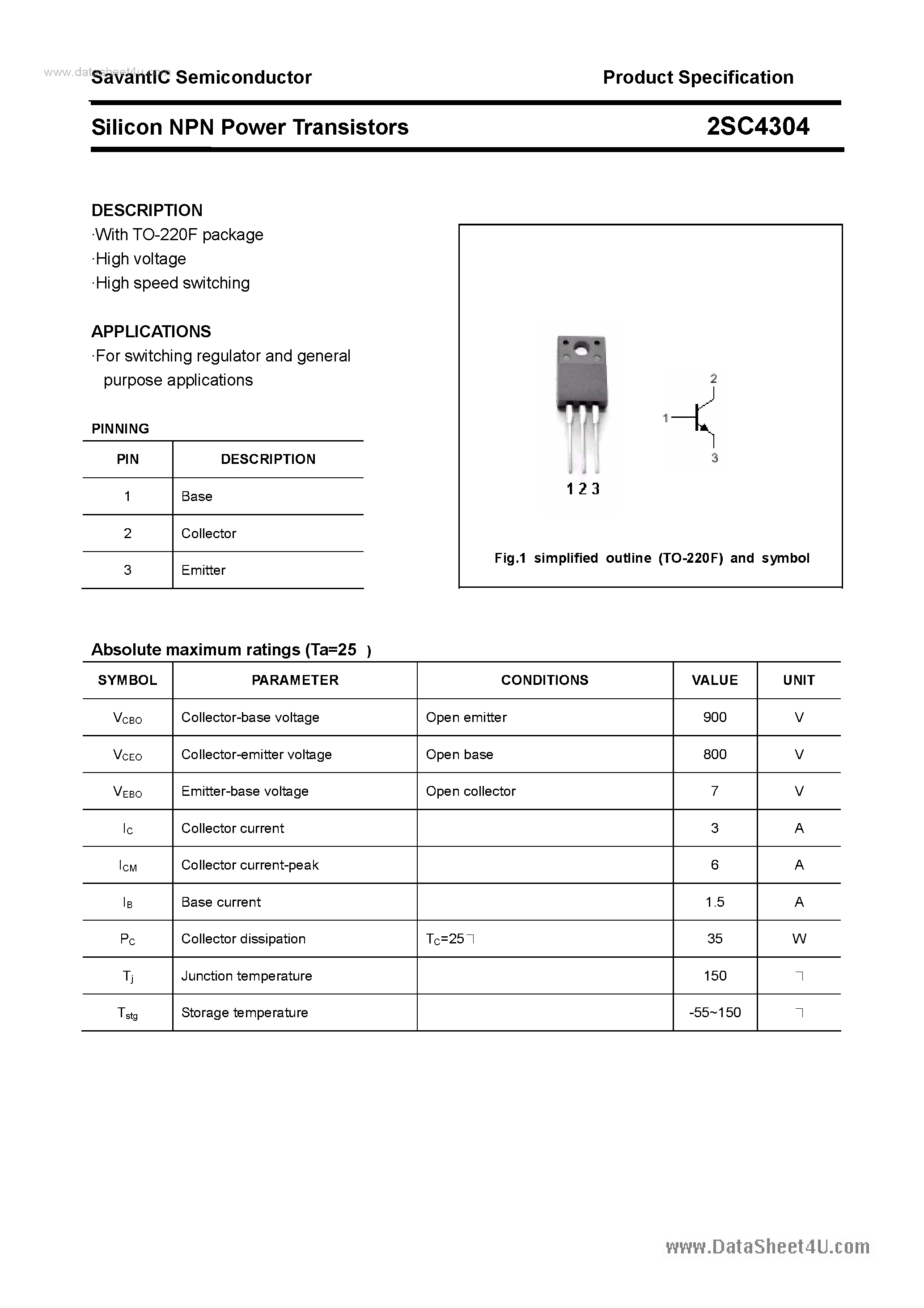 Datasheet 2SC4304 - SILICON POWER TRANSISTOR page 1