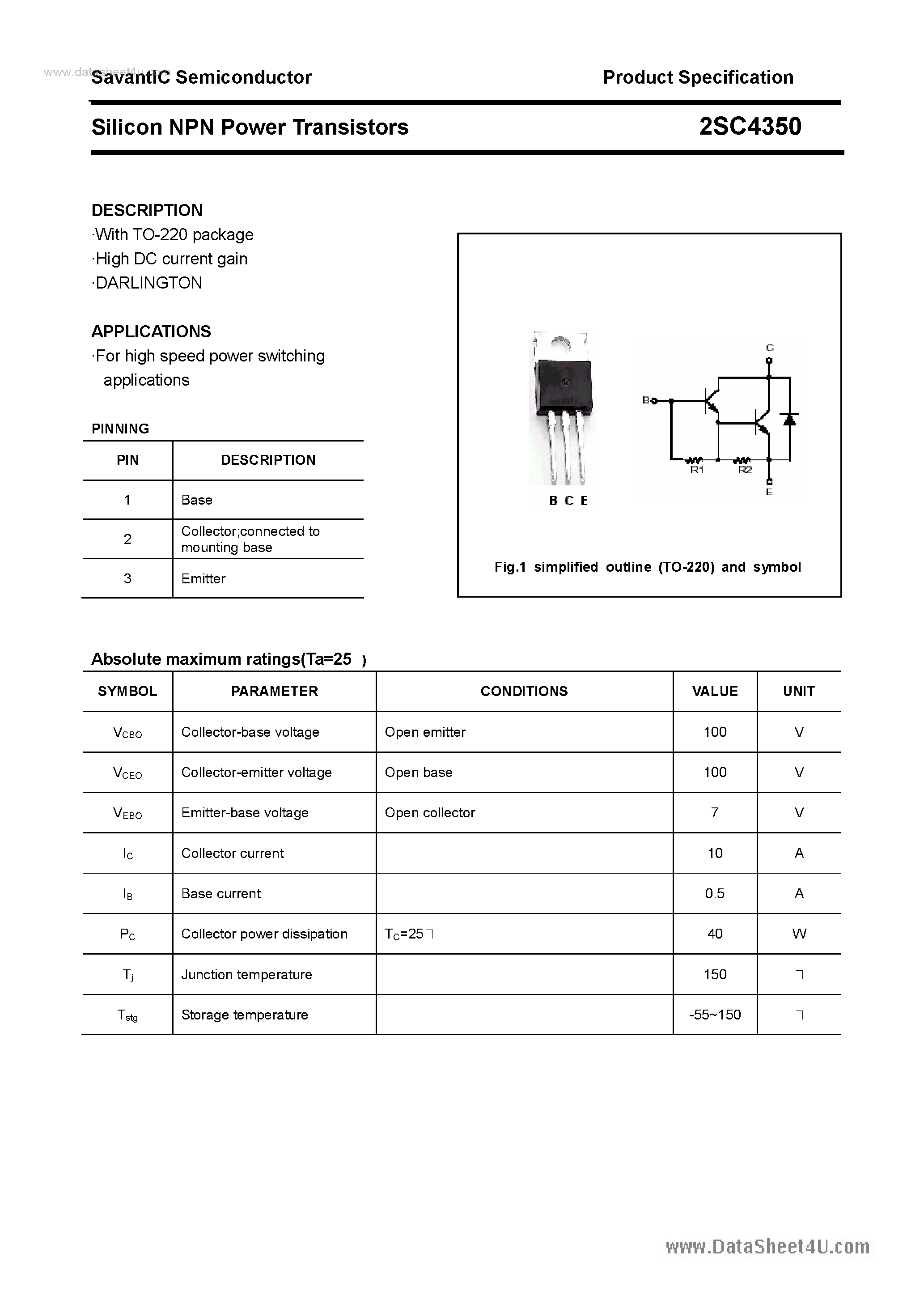 Datasheet 2SC4350 - SILICON POWER TRANSISTOR page 1
