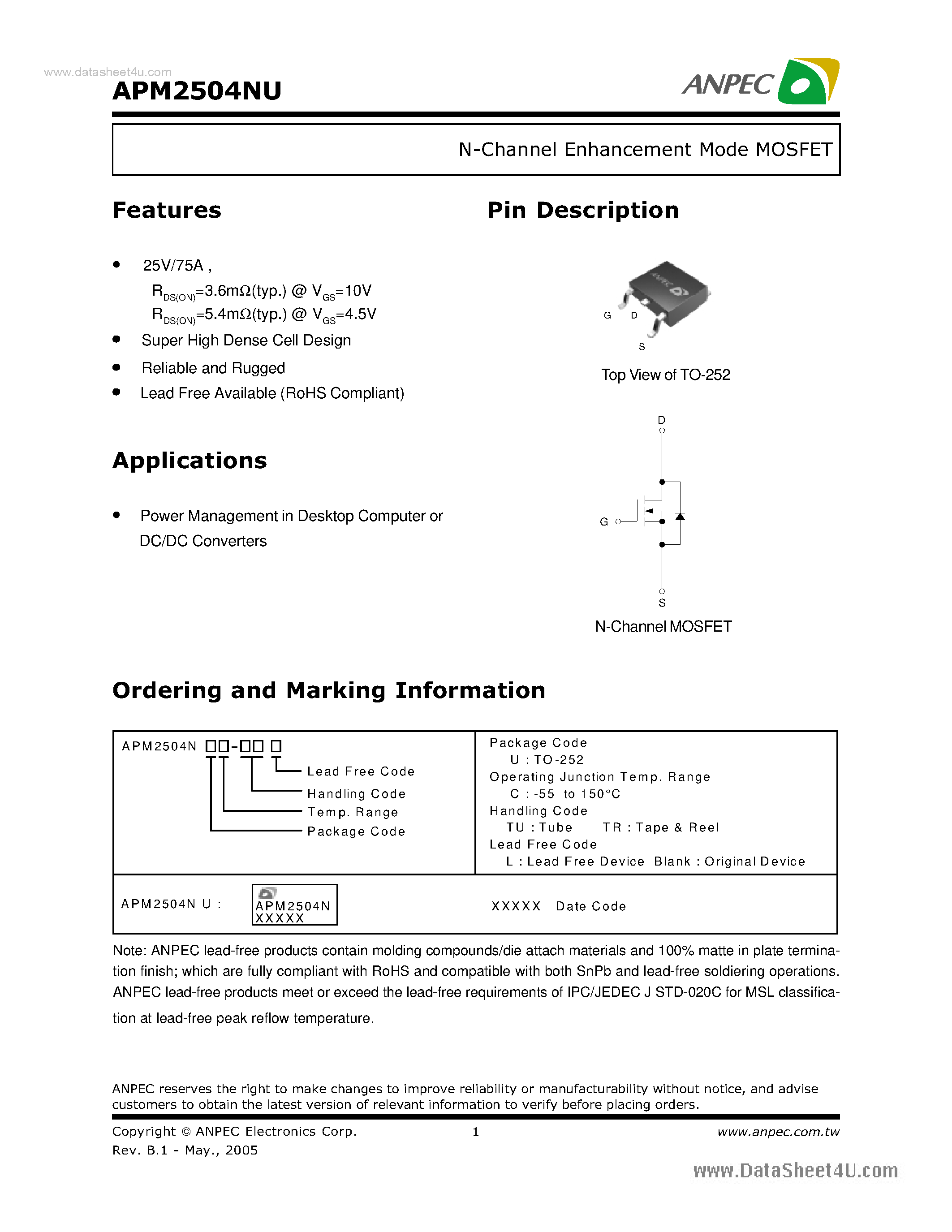 Datasheet APM2504NU - N-Channel Enhancement Mode MOSFET page 1