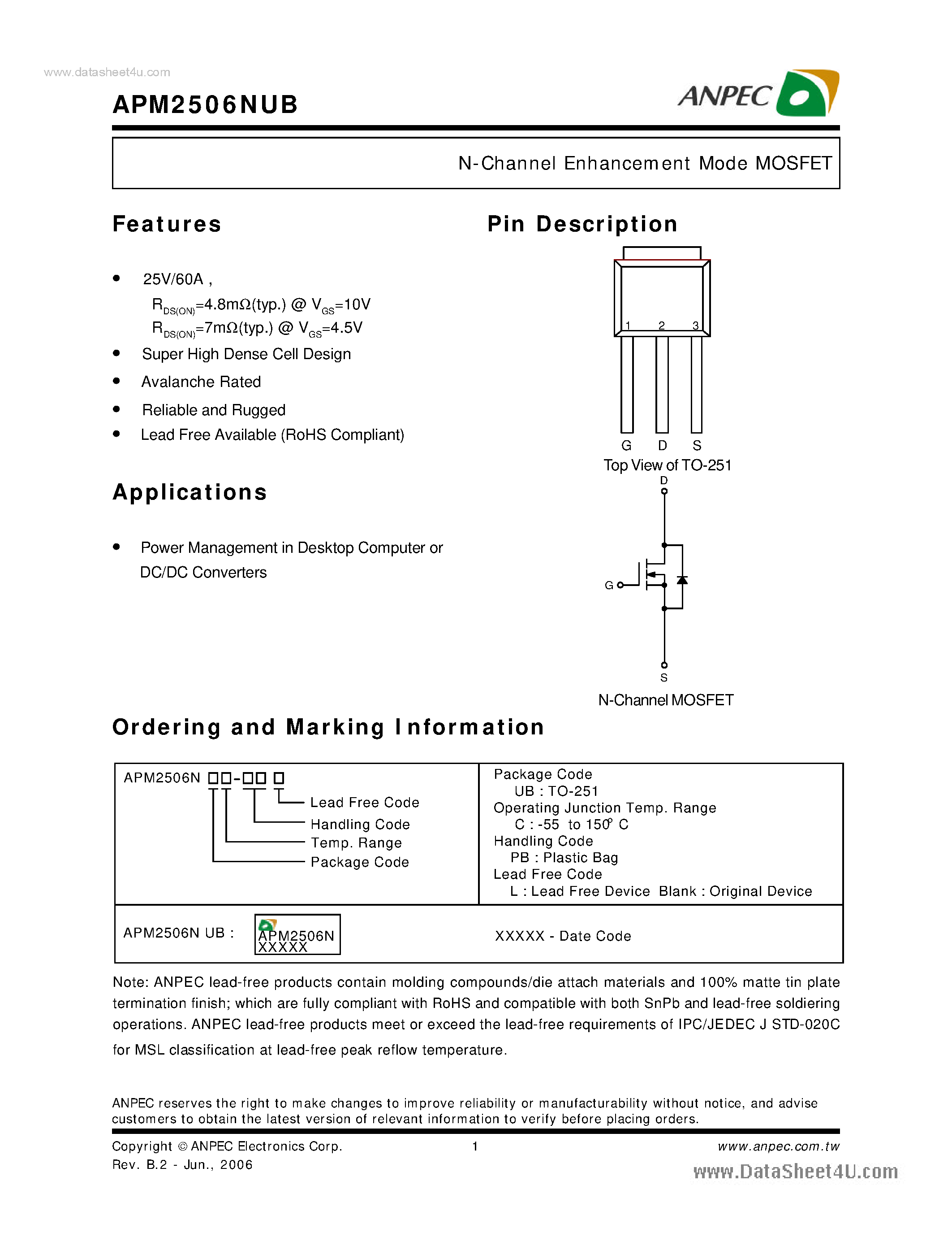 Datasheet APM2506NUB - N-Channel Enhancement Mode MOSFET page 1