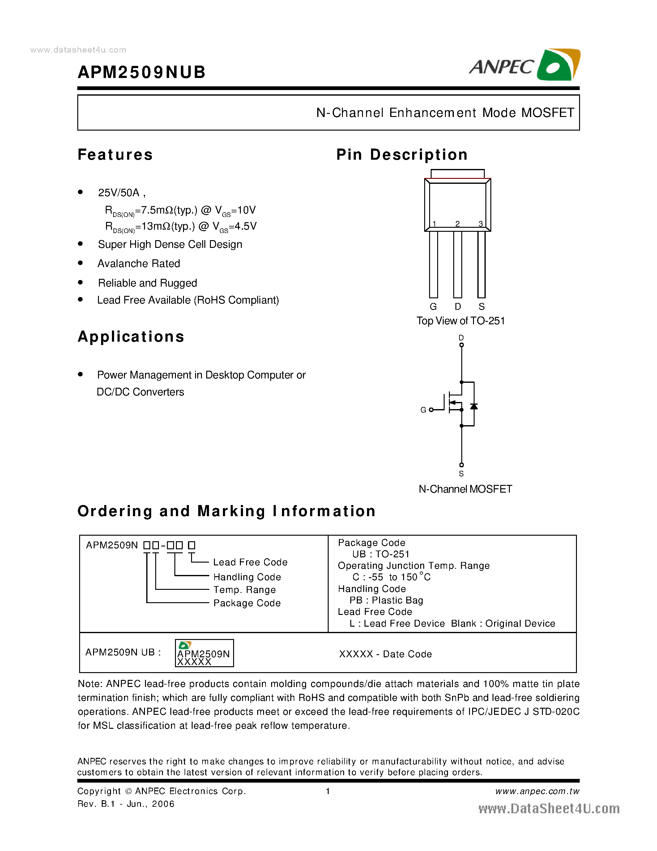 Datasheet APM2509NUB - N-Channel Enhancement Mode MOSFET page 1