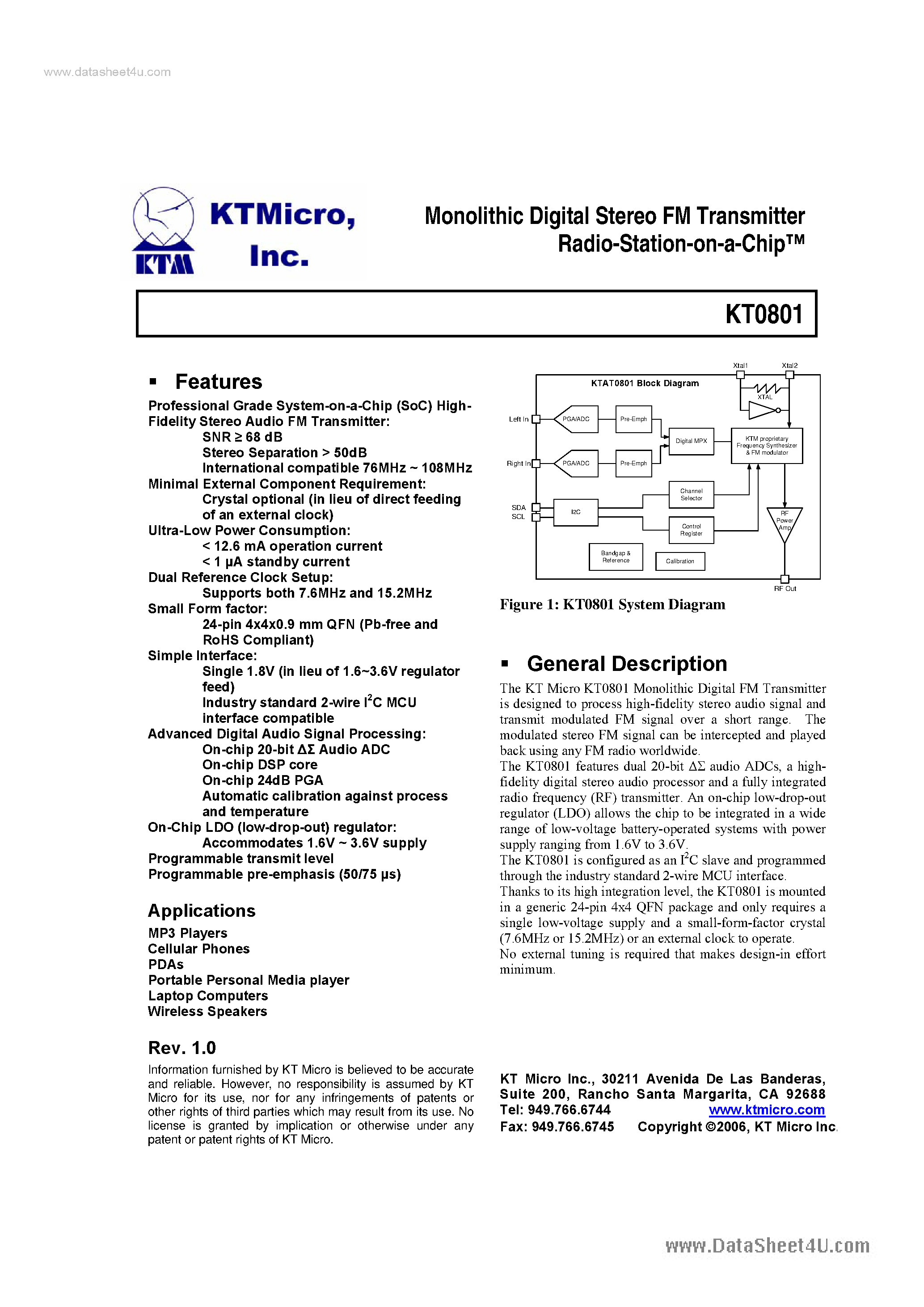 Datasheet KT0801 - Monolithic Digital Stereo FM Transmitter Radio Station On A Chip page 1