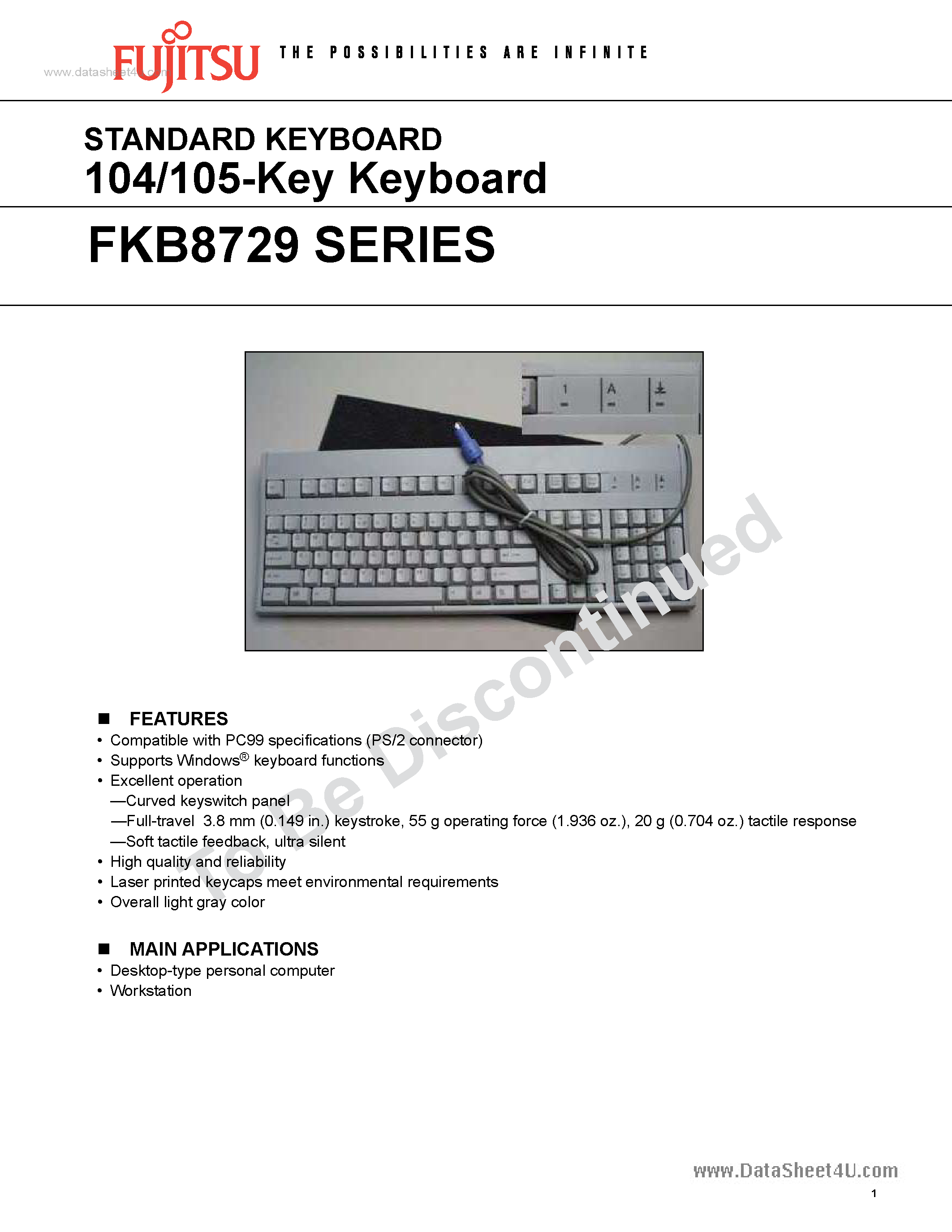 Даташит на микросхему FKB8729 страница 1 Даташит FKB8729 - STANDARD KEYBOARD 104/105-Key Keyboard страница 1