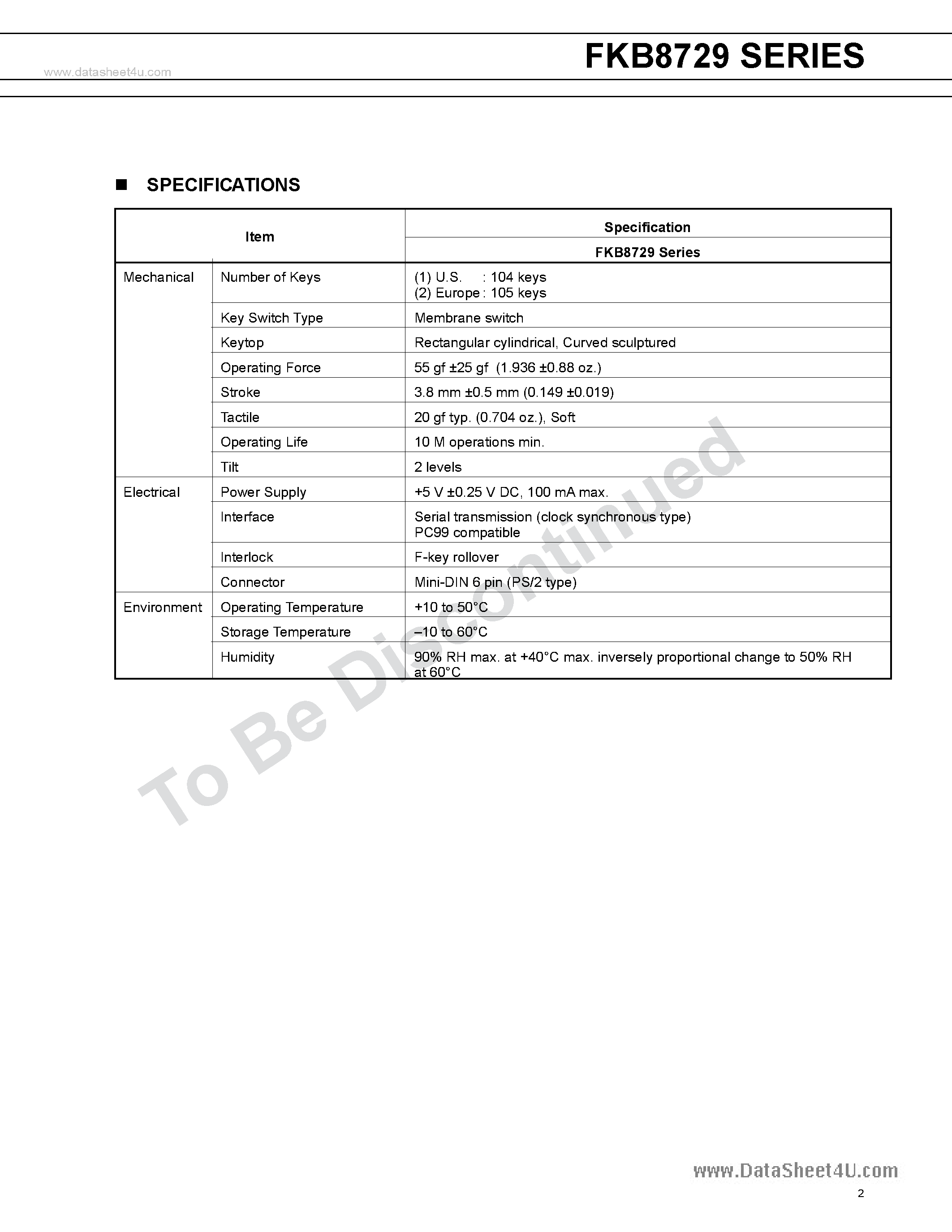 Даташит на микросхему FKB8729 страница 2 Даташит FKB8729 - STANDARD KEYBOARD 104/105-Key Keyboard страница 2