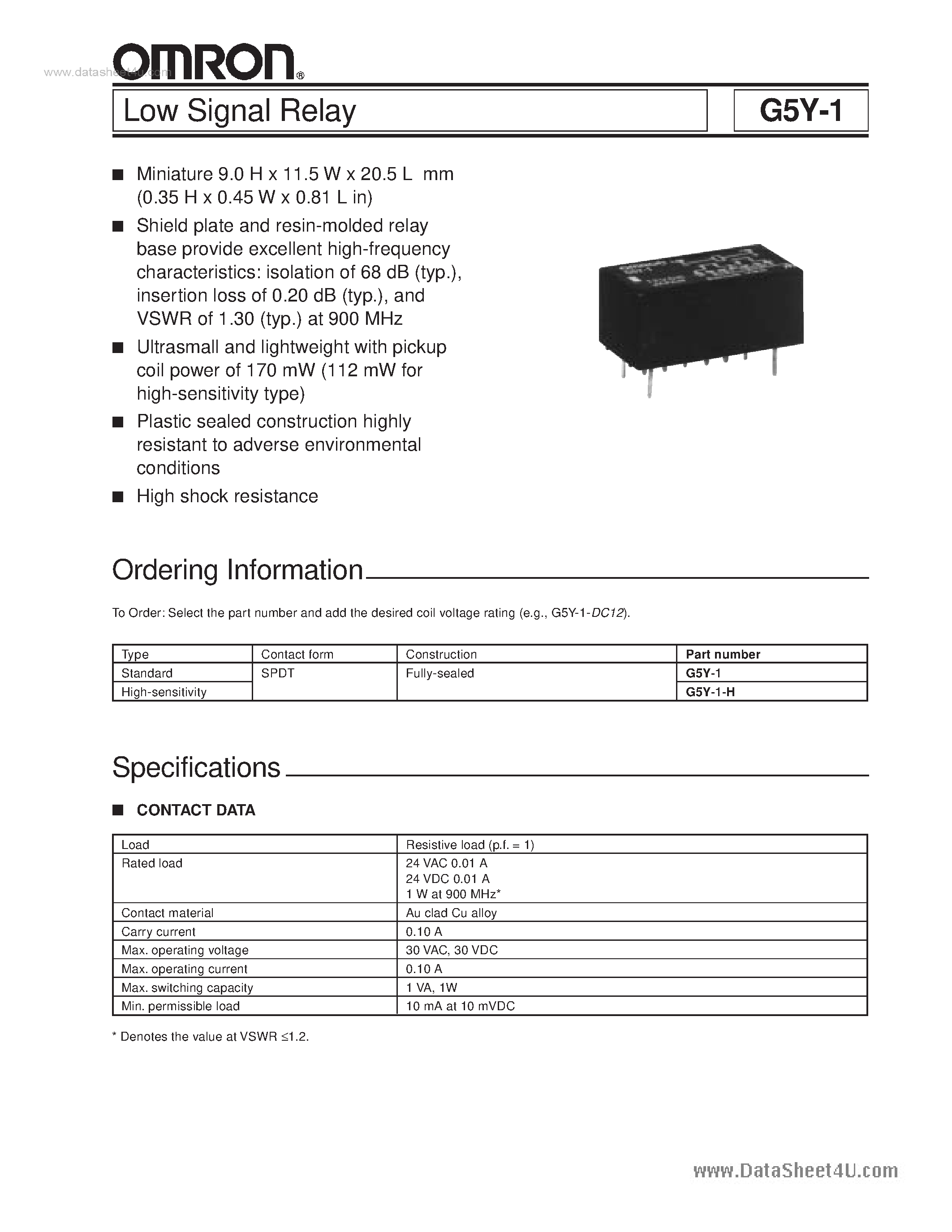 Даташит G5Y-1 - Low Signal Relay страница 1