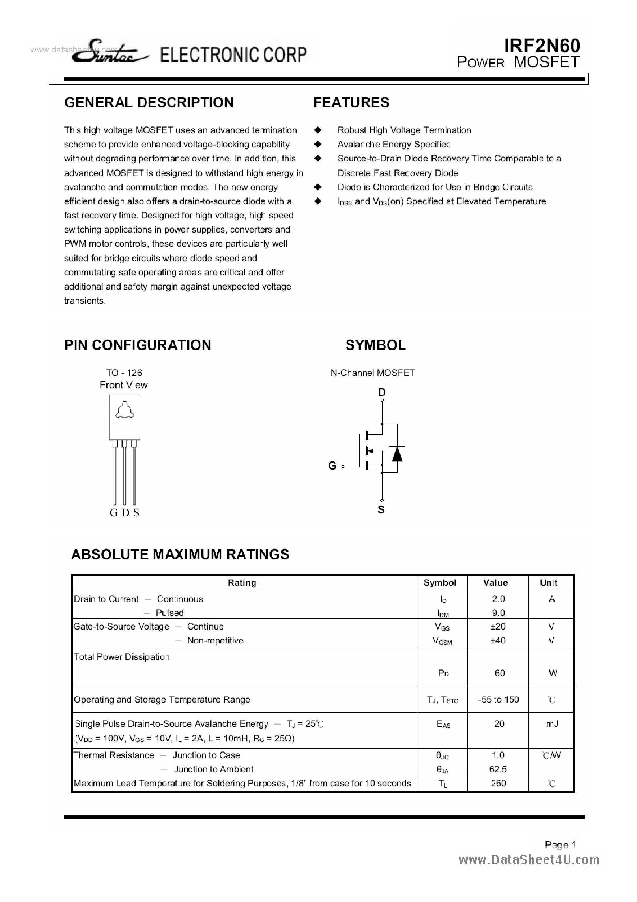 Datasheet IRF2N60 - POWER MOSFET page 1