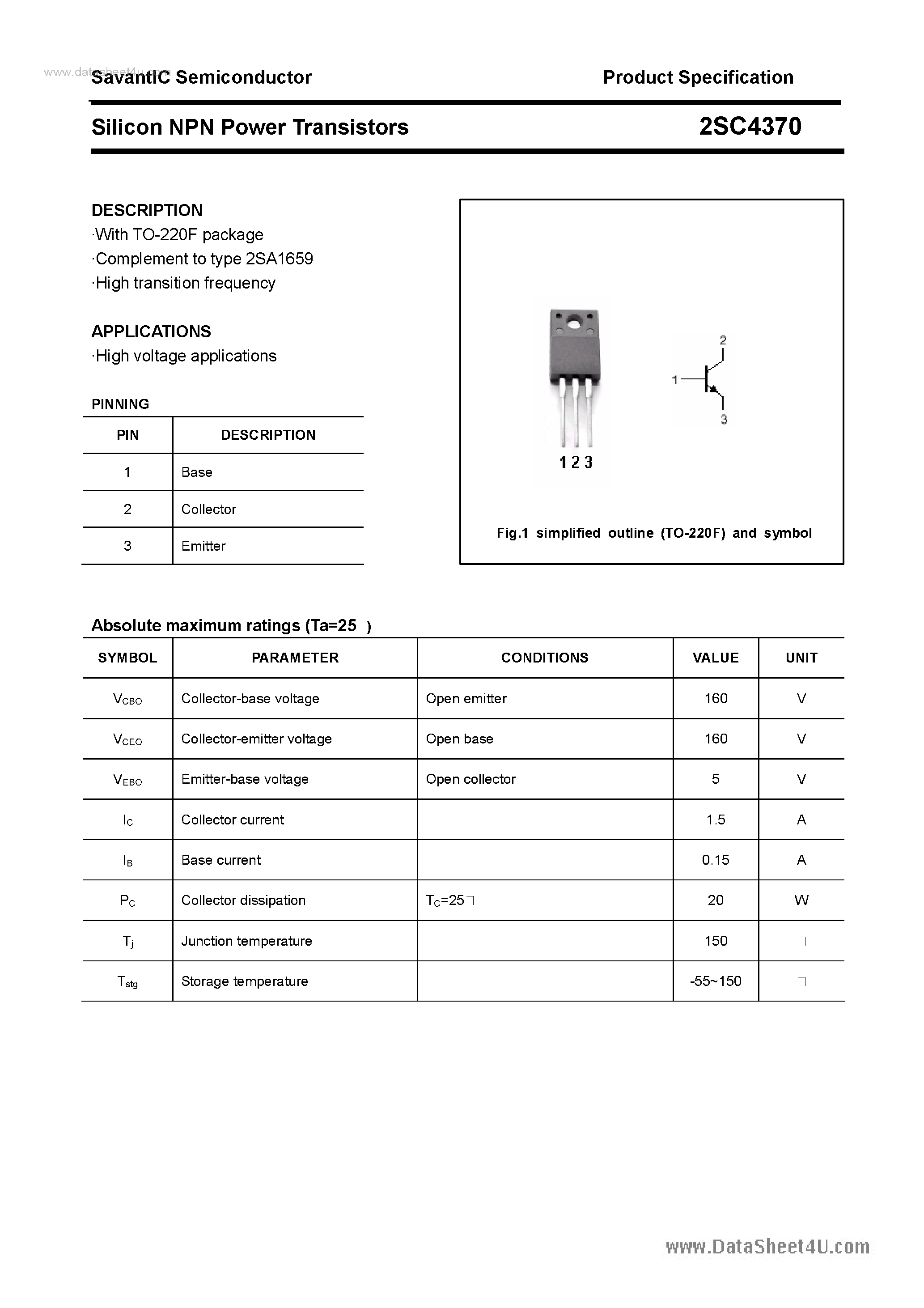 Datasheet 2SC4370 - SILICON POWER TRANSISTOR page 1