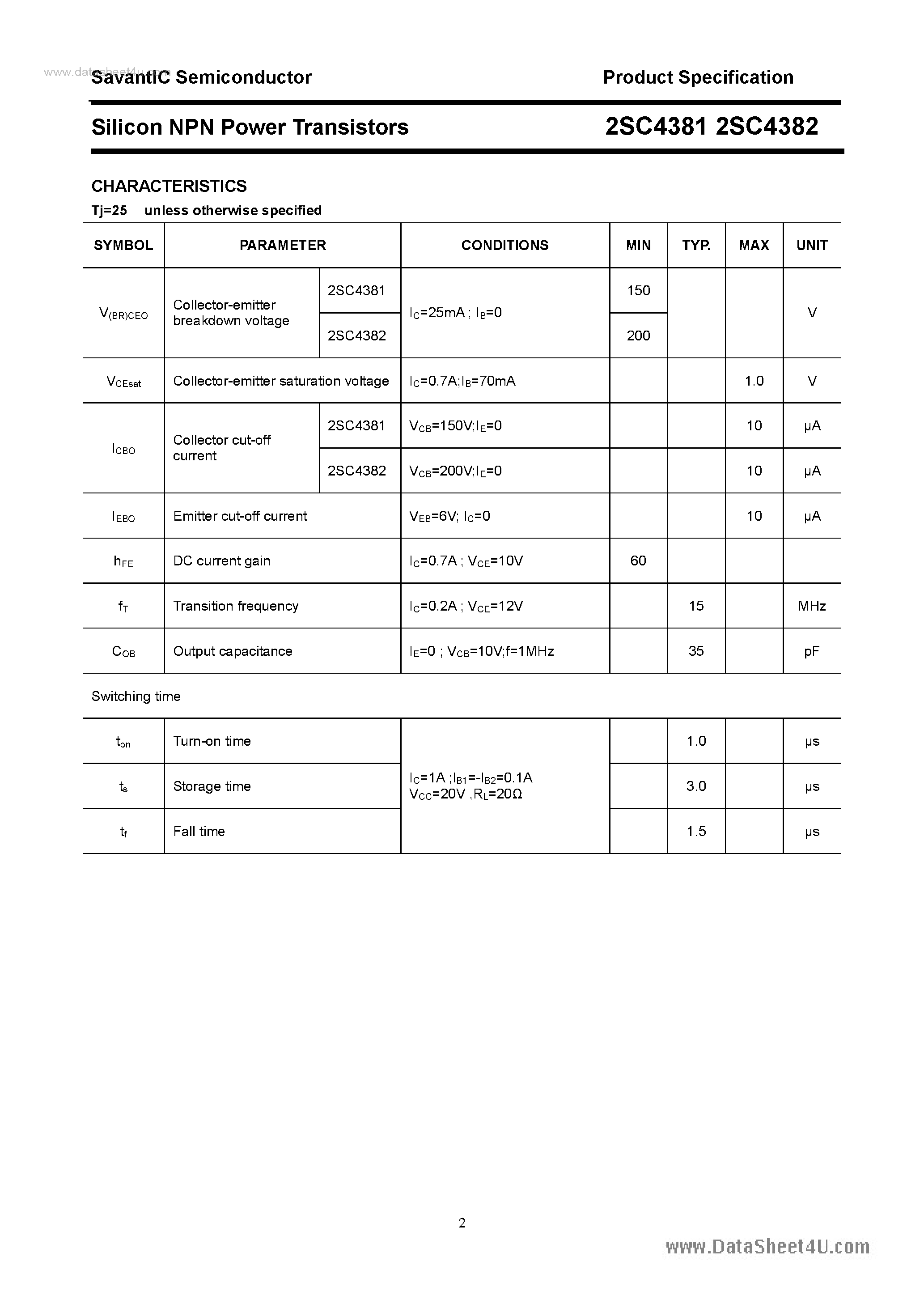 Даташит на микросхему 2SC4381 страница 2 Даташит 2SC4381 - (2SC4381 / 2SC4382) SILICON POWER TRANSISTOR страница 2