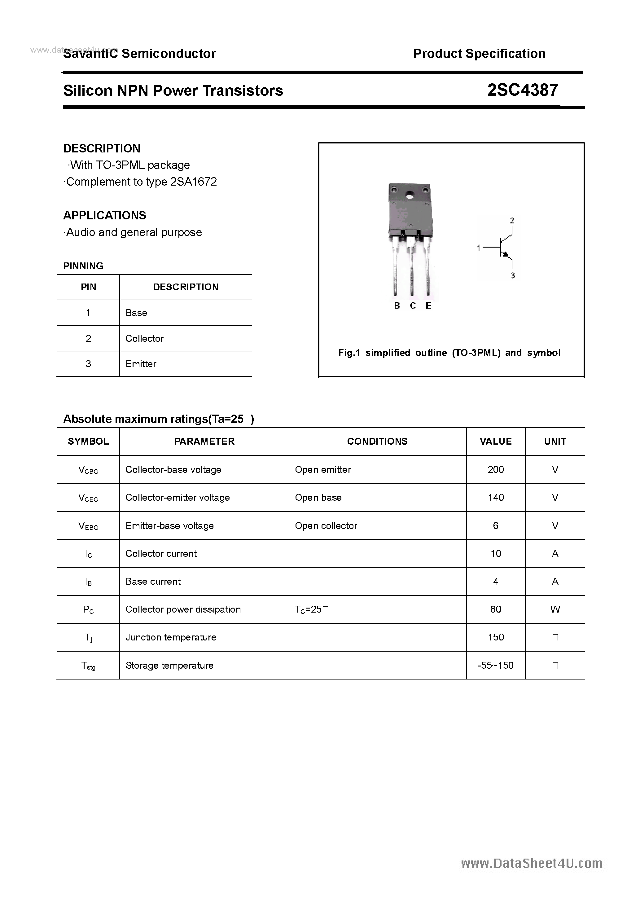 Datasheet 2SC4387 - SILICON POWER TRANSISTOR page 1