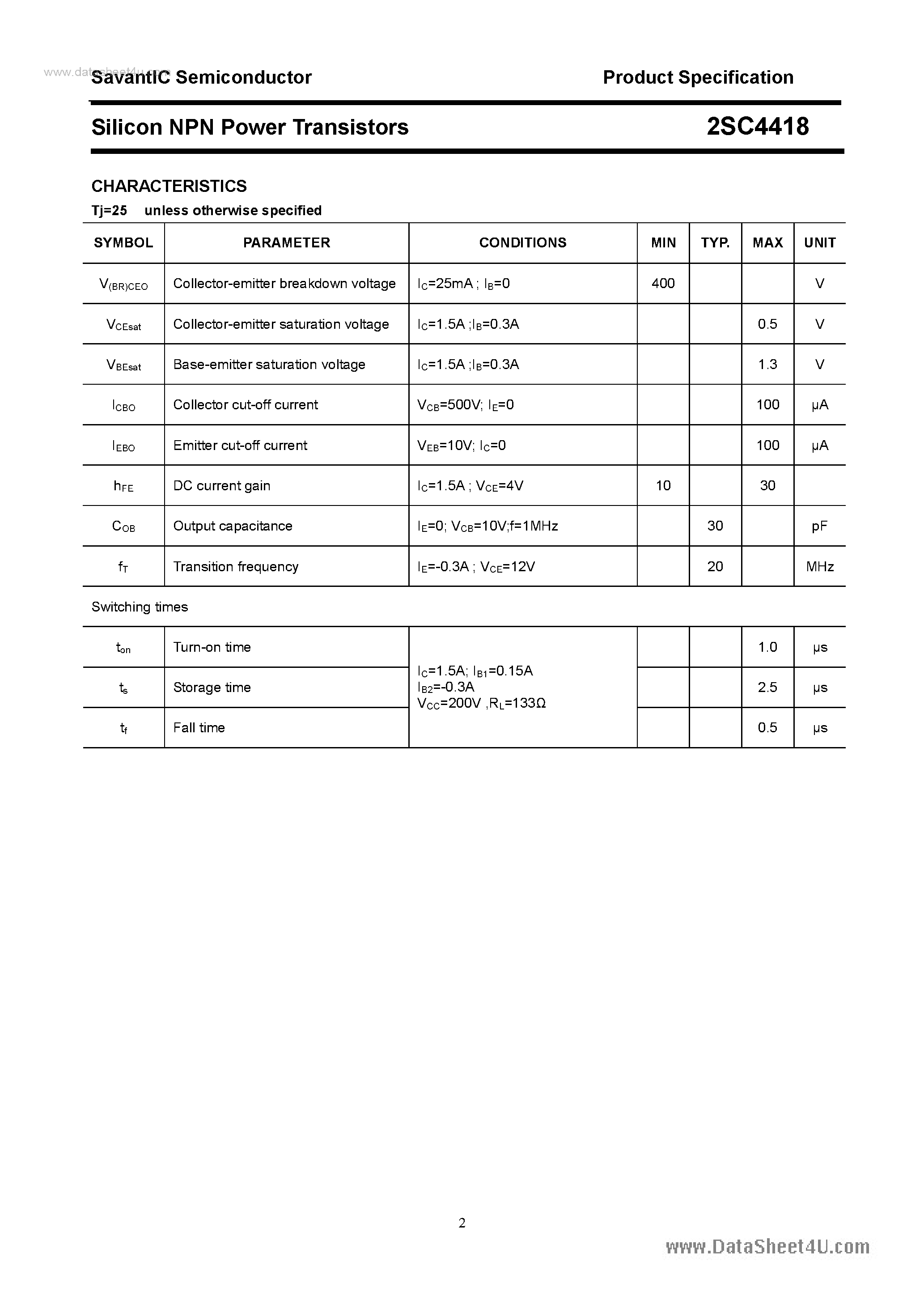 Datasheet 2SC4418 page 2 Datasheet 2SC4418 - SILICON POWER TRANSISTOR page 2