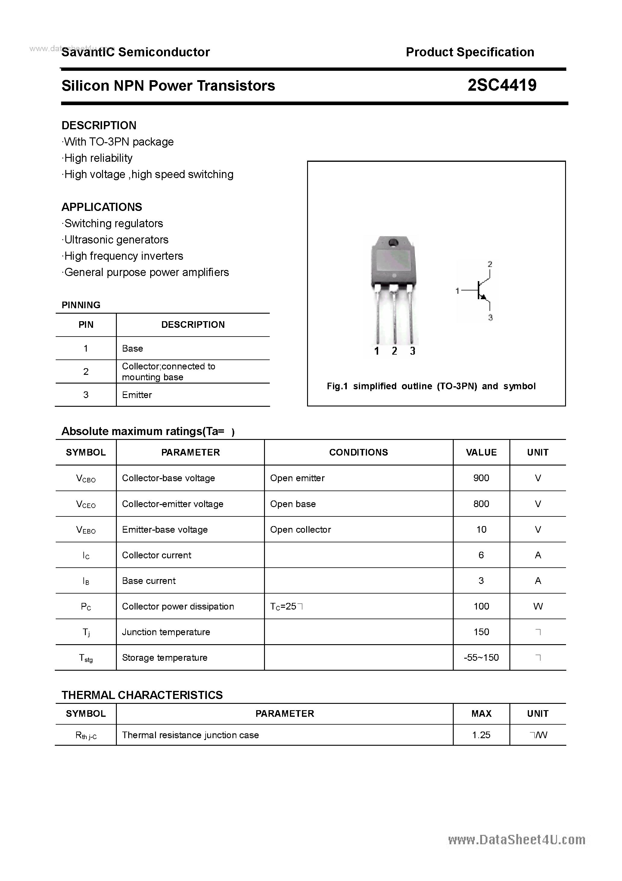 Datasheet 2SC4419 page 1 Datasheet 2SC4419 - SILICON POWER TRANSISTOR page 1