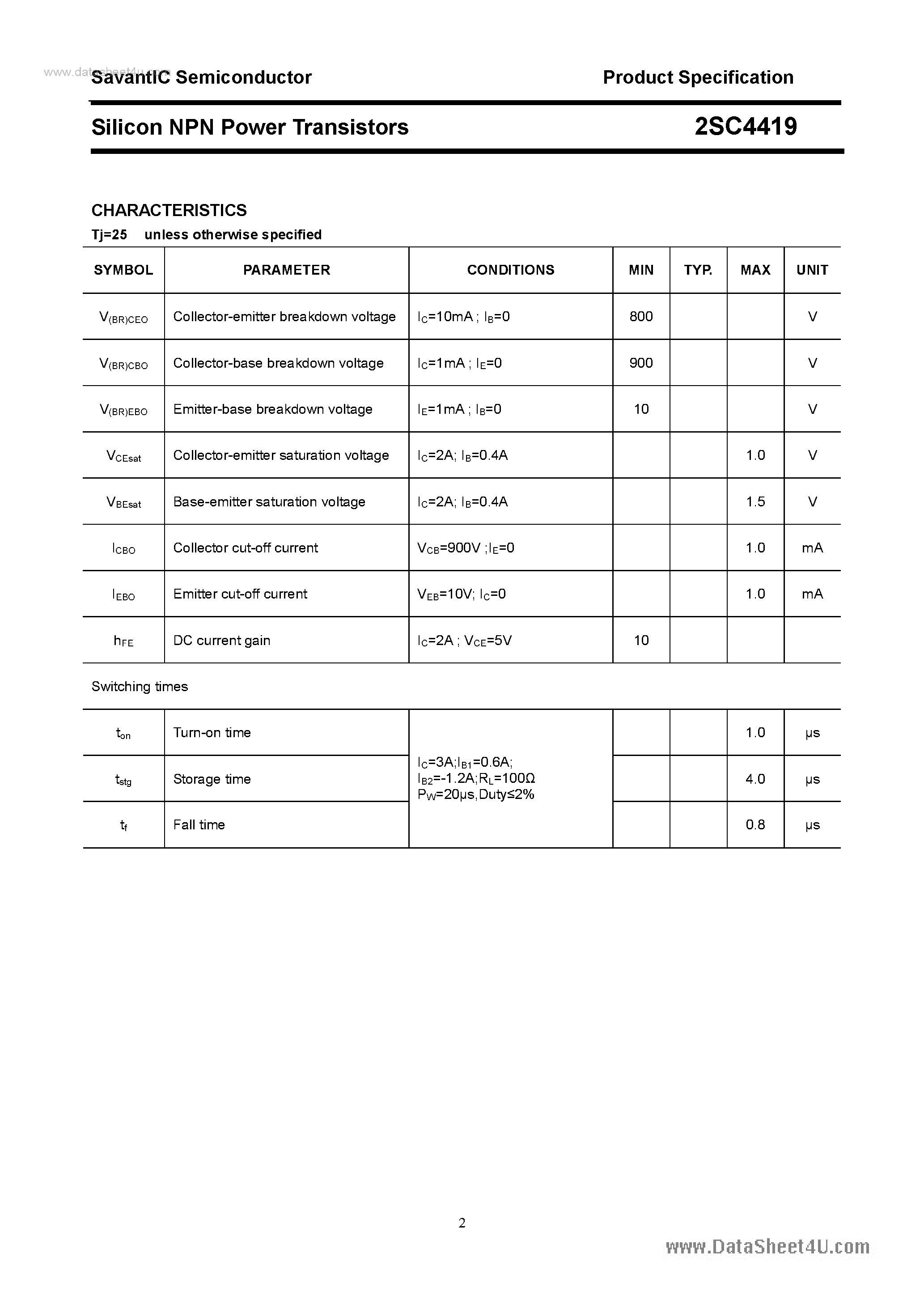 Datasheet 2SC4419 page 2 Datasheet 2SC4419 - SILICON POWER TRANSISTOR page 2