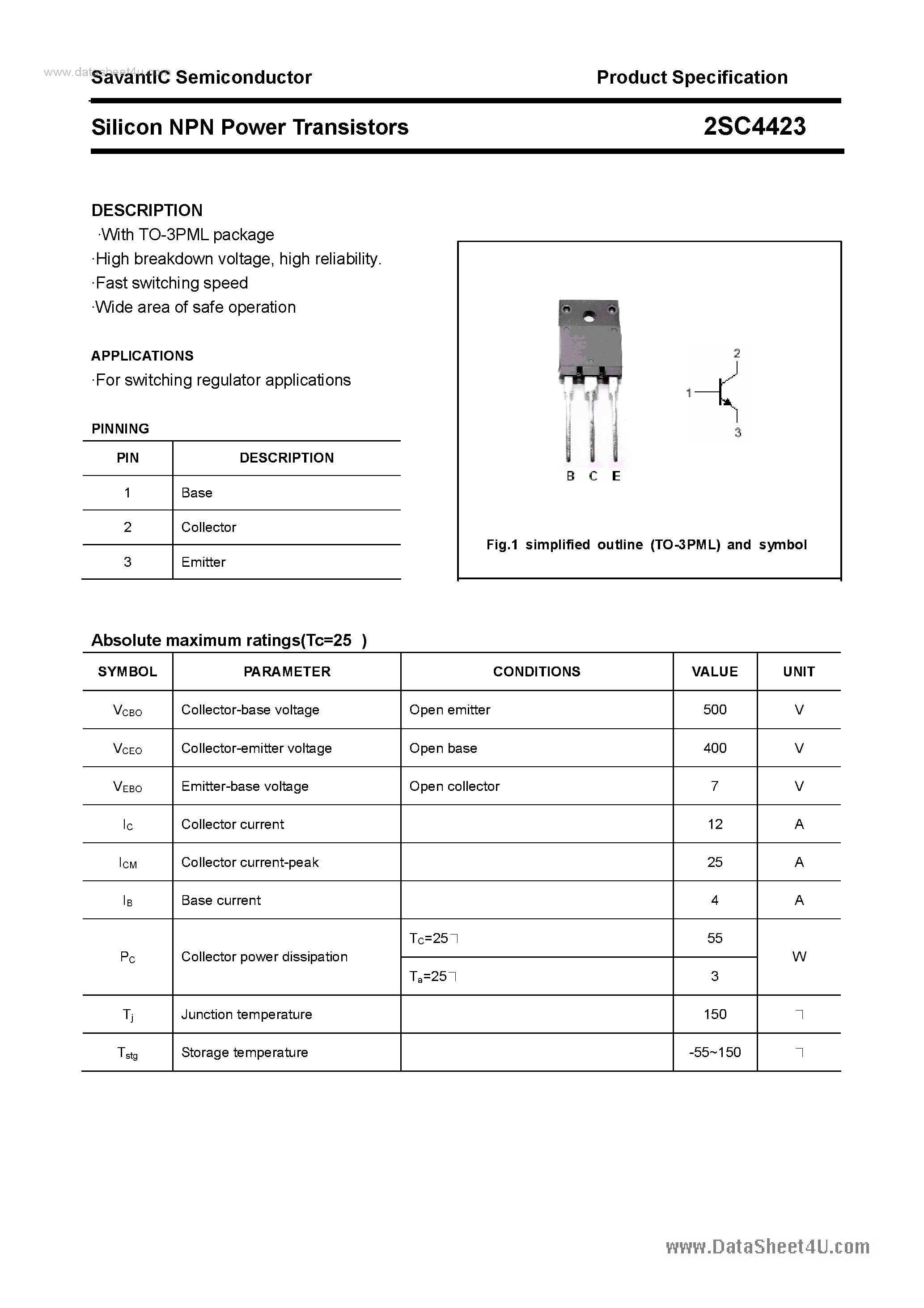 Datasheet 2SC4423 page 1 Datasheet 2SC4423 - SILICON POWER TRANSISTOR page 1