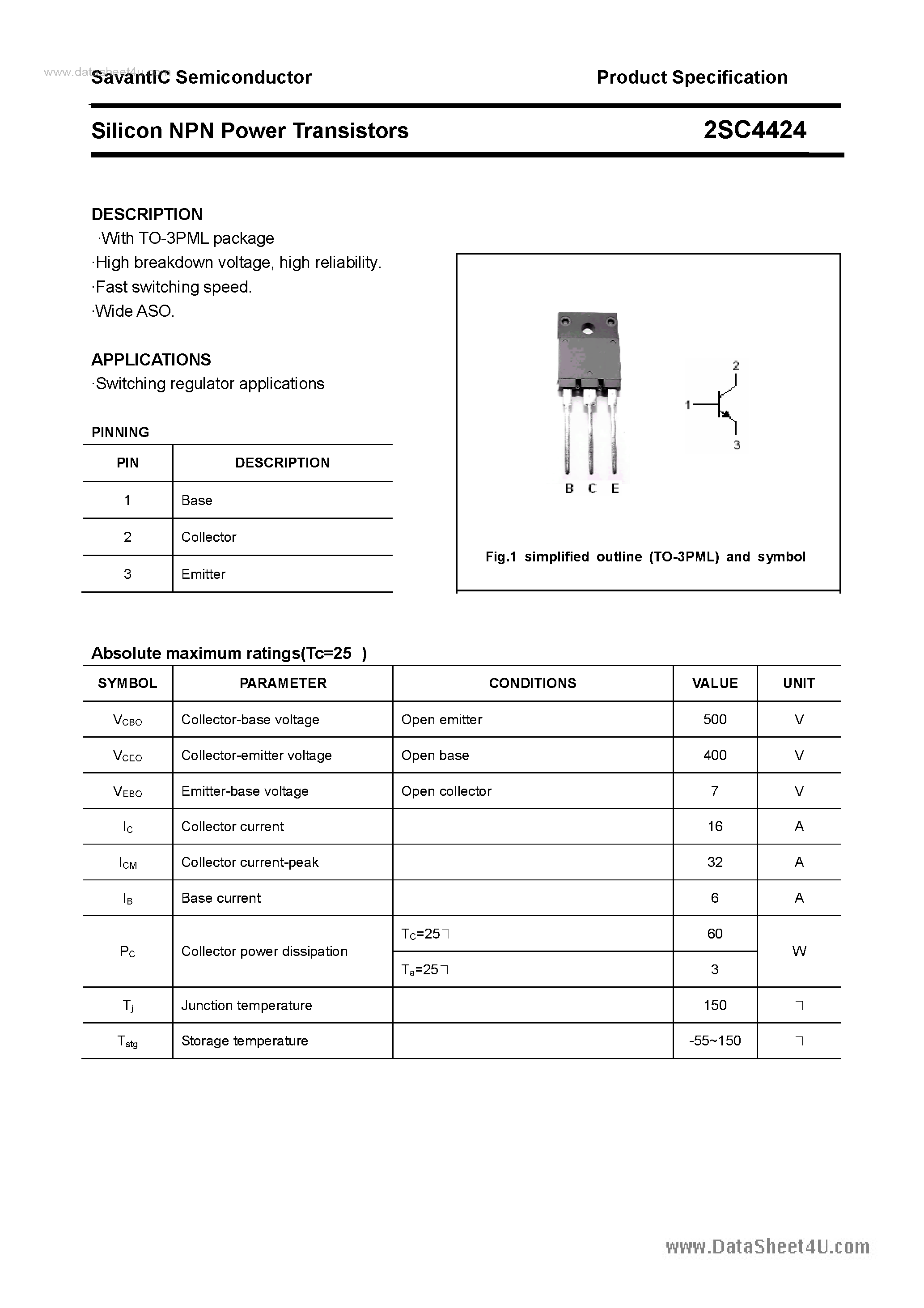 Datasheet 2SC4424 page 1 Datasheet 2SC4424 - SILICON POWER TRANSISTOR page 1