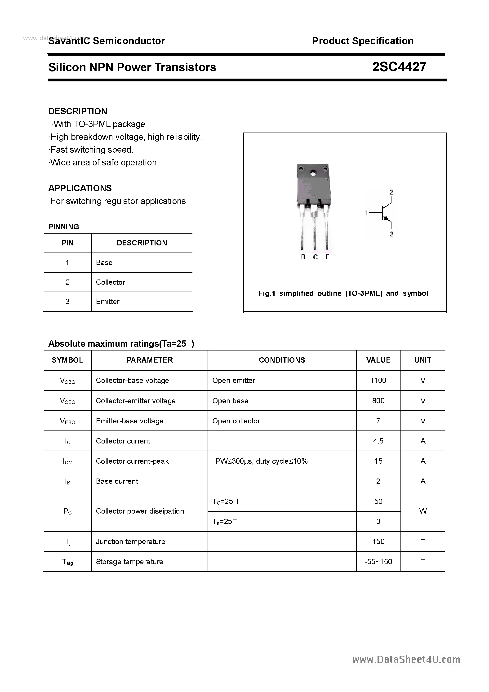 Datasheet 2SC4427 page 1 Datasheet 2SC4427 - SILICON POWER TRANSISTOR page 1