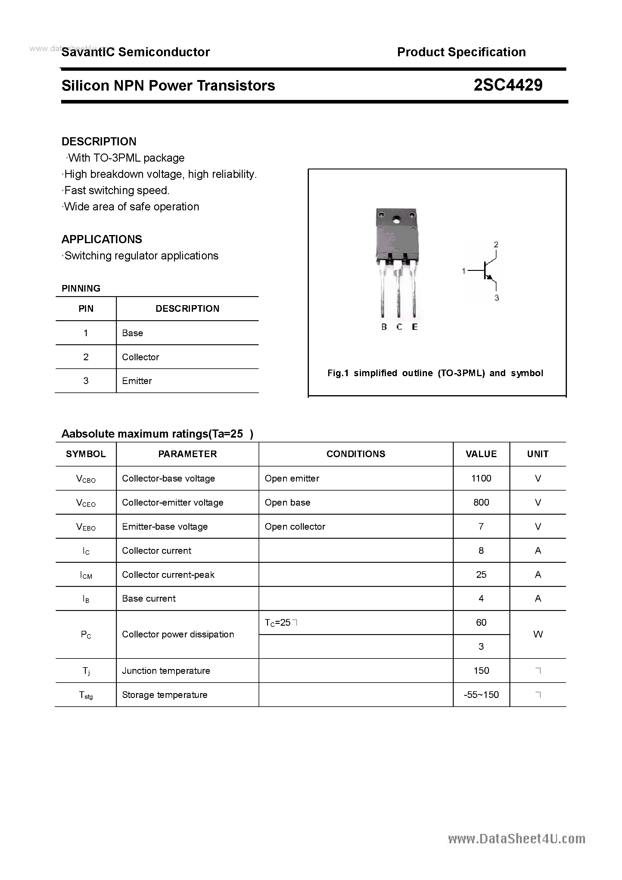 Datasheet 2SC4429 - SILICON POWER TRANSISTOR page 1