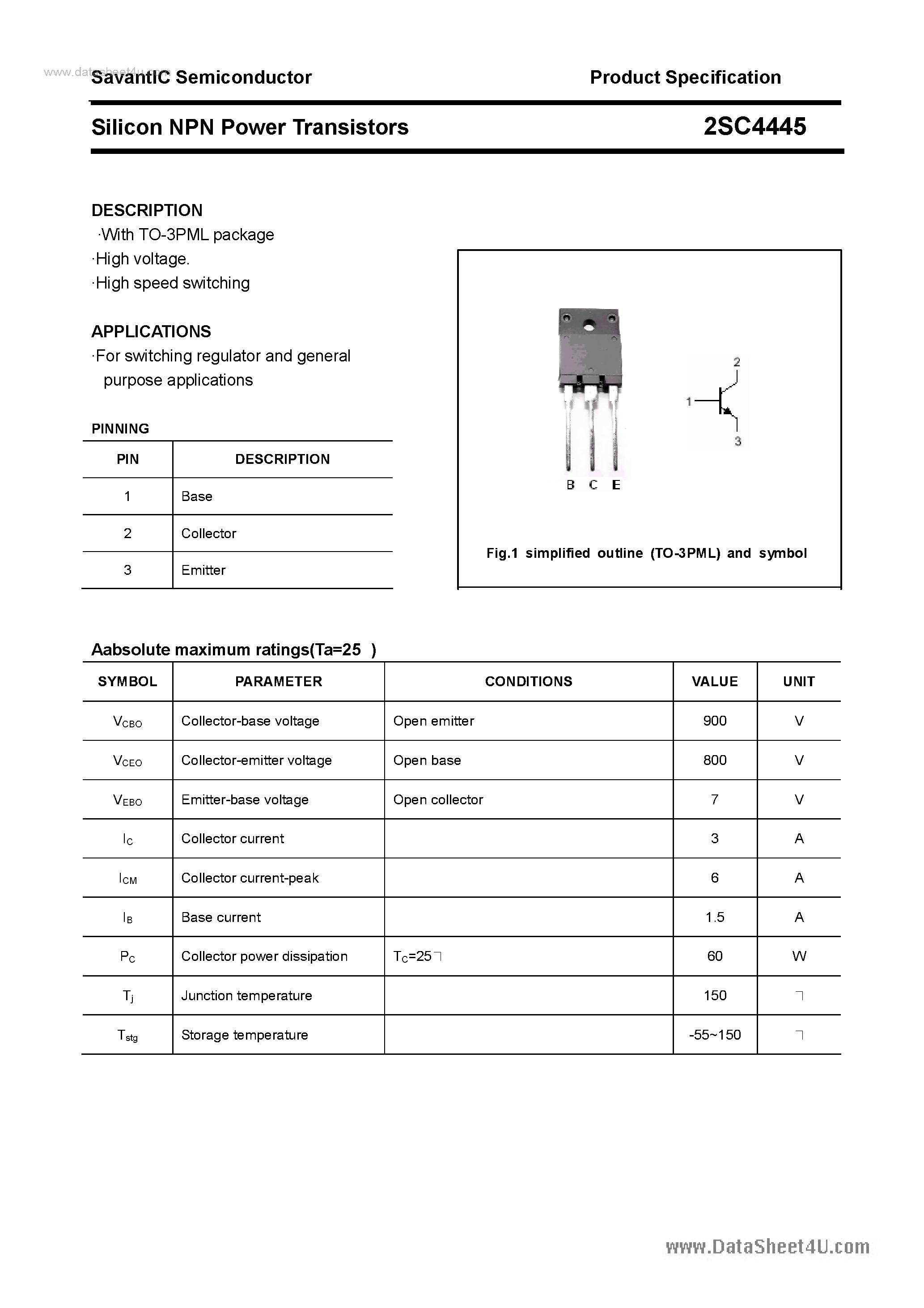 Datasheet 2SC4445 - SILICON POWER TRANSISTOR page 1