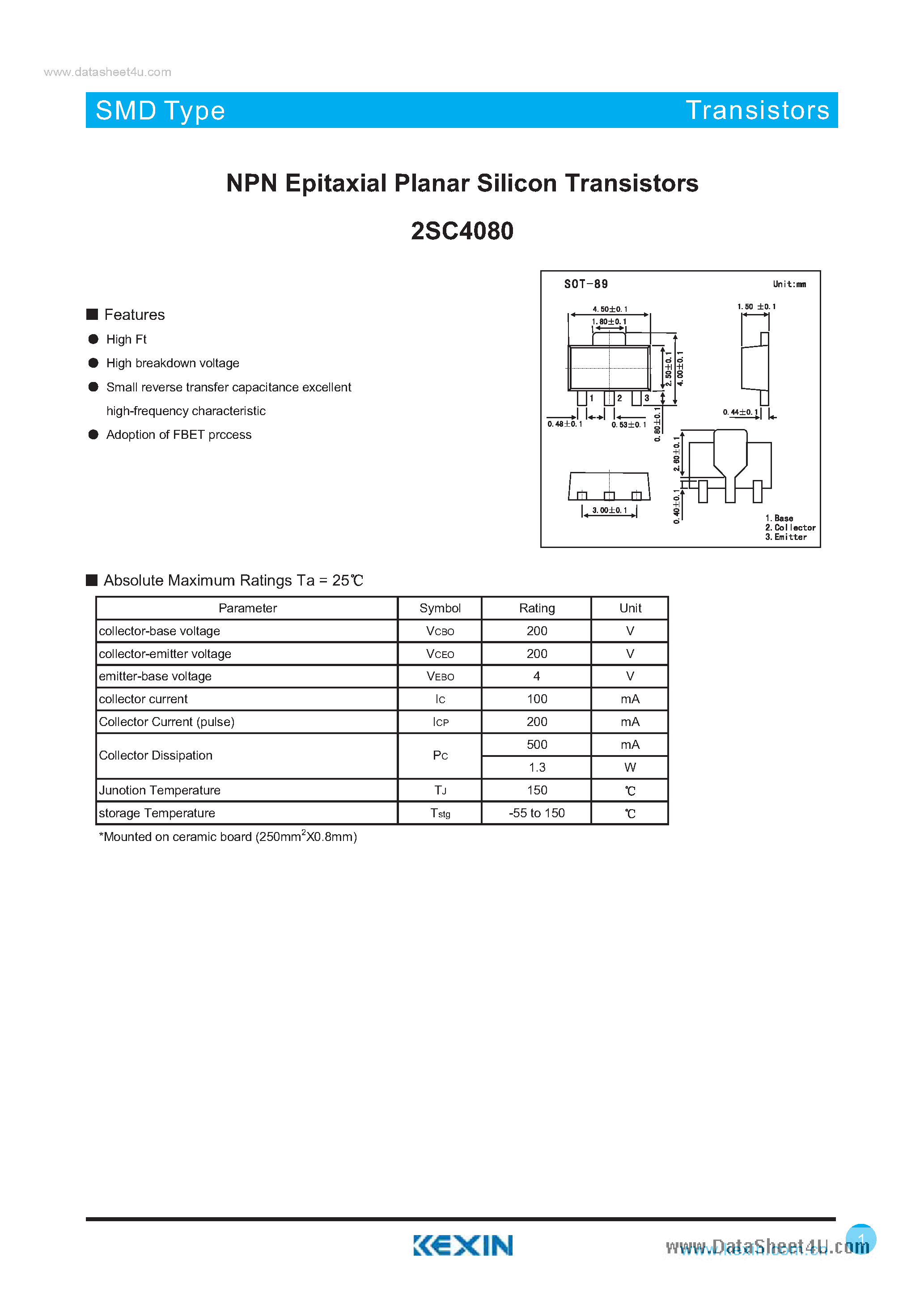 Даташит 2SC4080 - NPN Epitaxial Planar Silicon Transistors страница 1