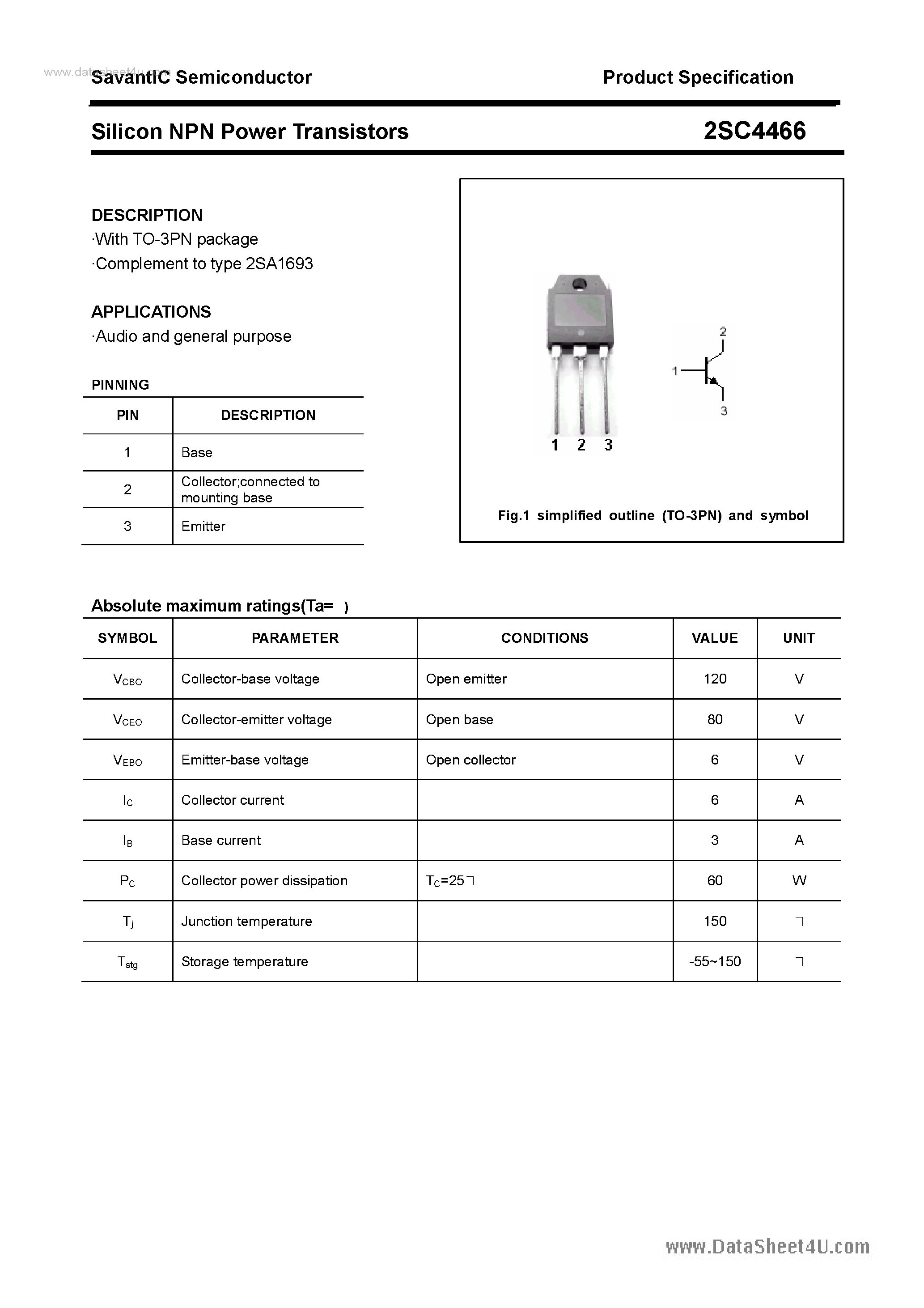 Datasheet 2SC4466 - SILICON POWER TRANSISTOR page 1