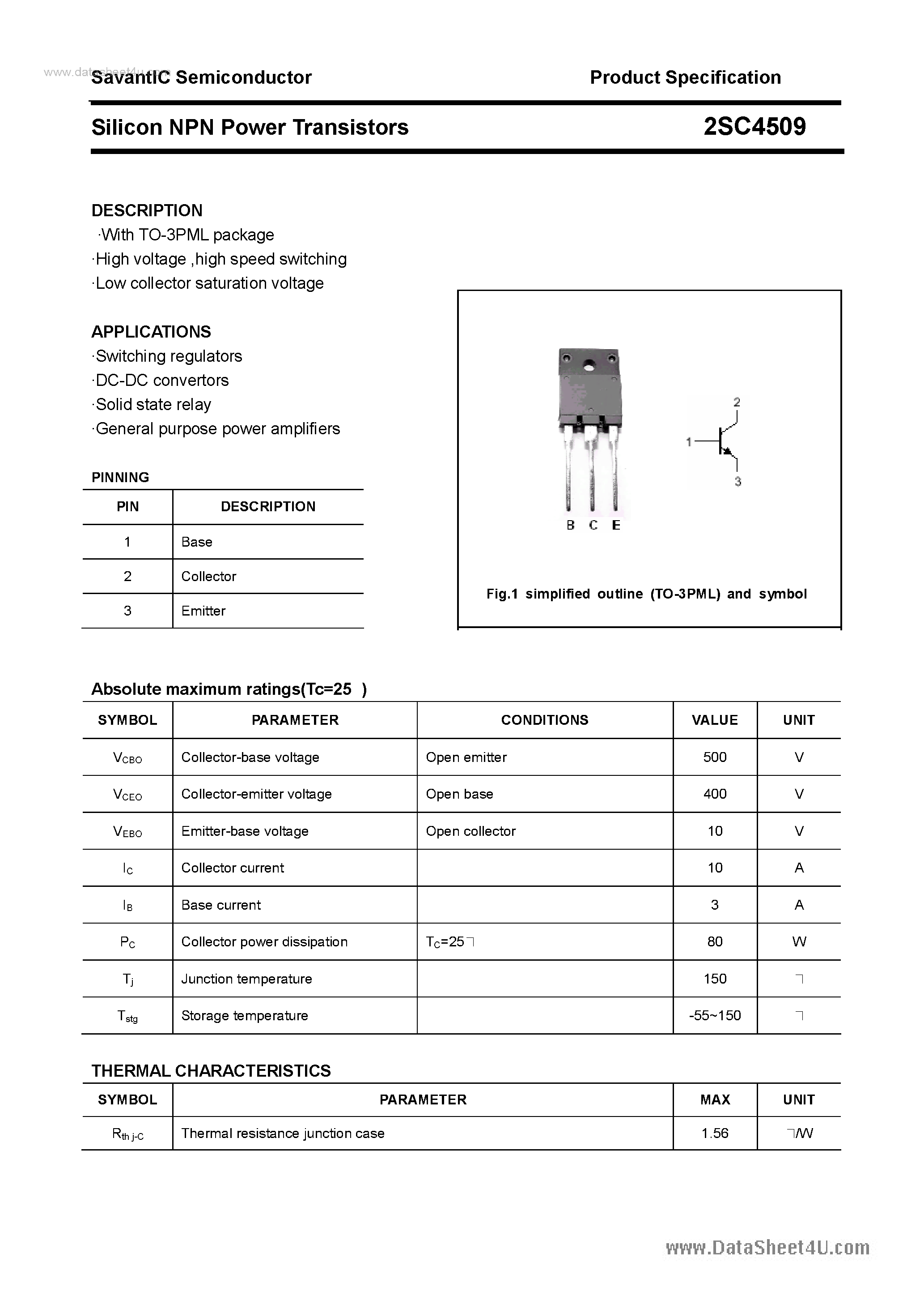 Datasheet 2SC4509 - SILICON POWER TRANSISTOR page 1