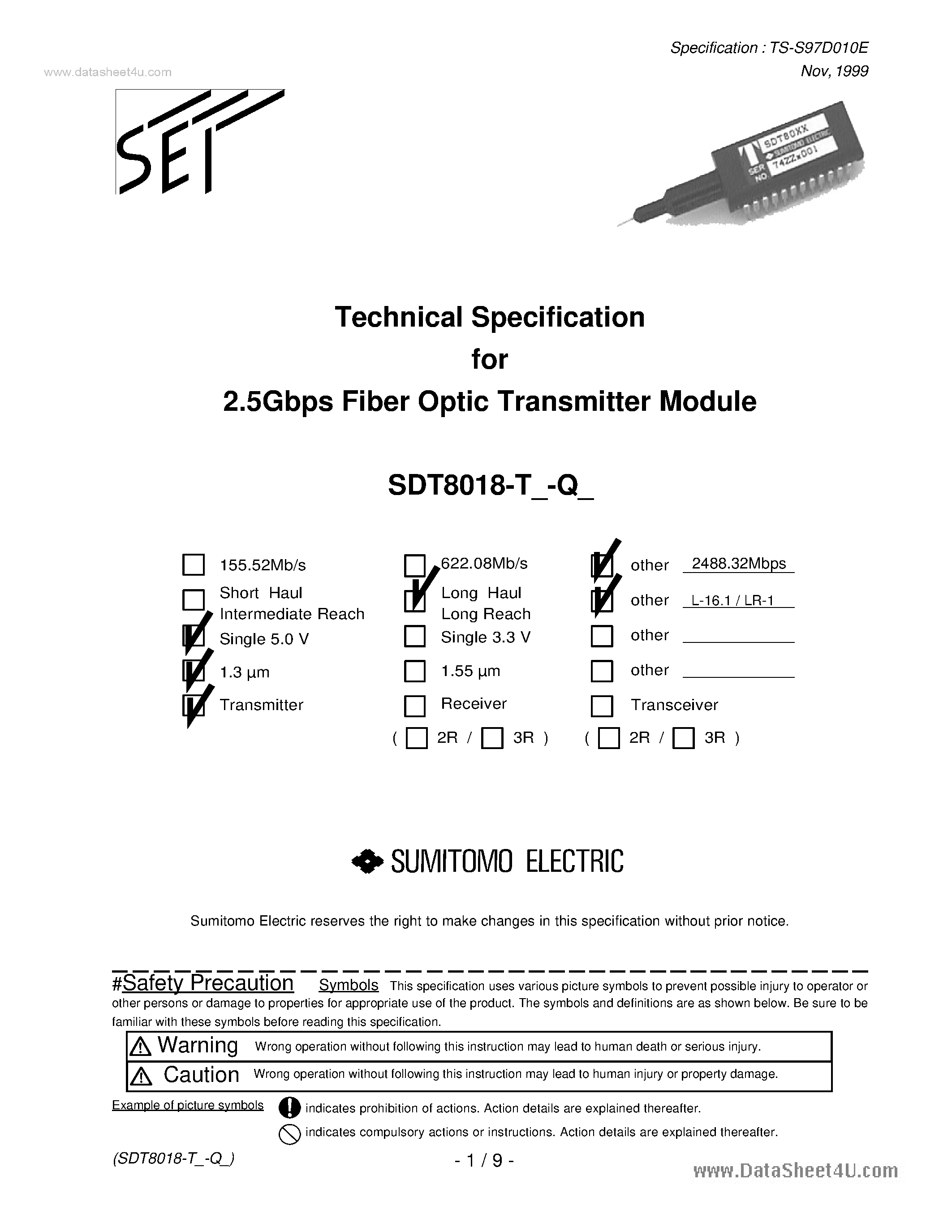 Datasheet SDT8018 - 2.5Gbps Fiber Optic Transmitter Module page 1