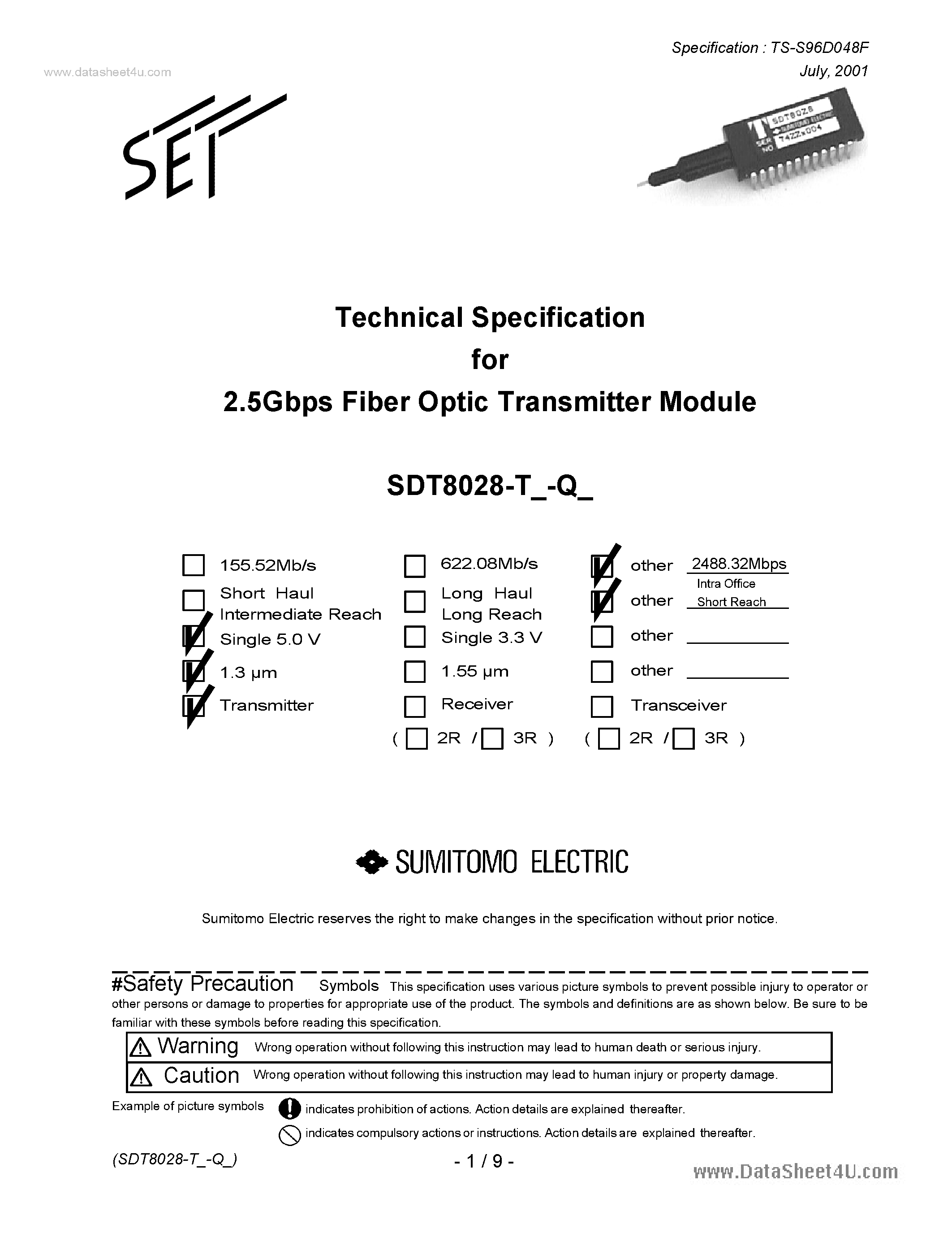Datasheet SDT8028 - 2.5Gbps Filber Optic Transmitter Module page 1