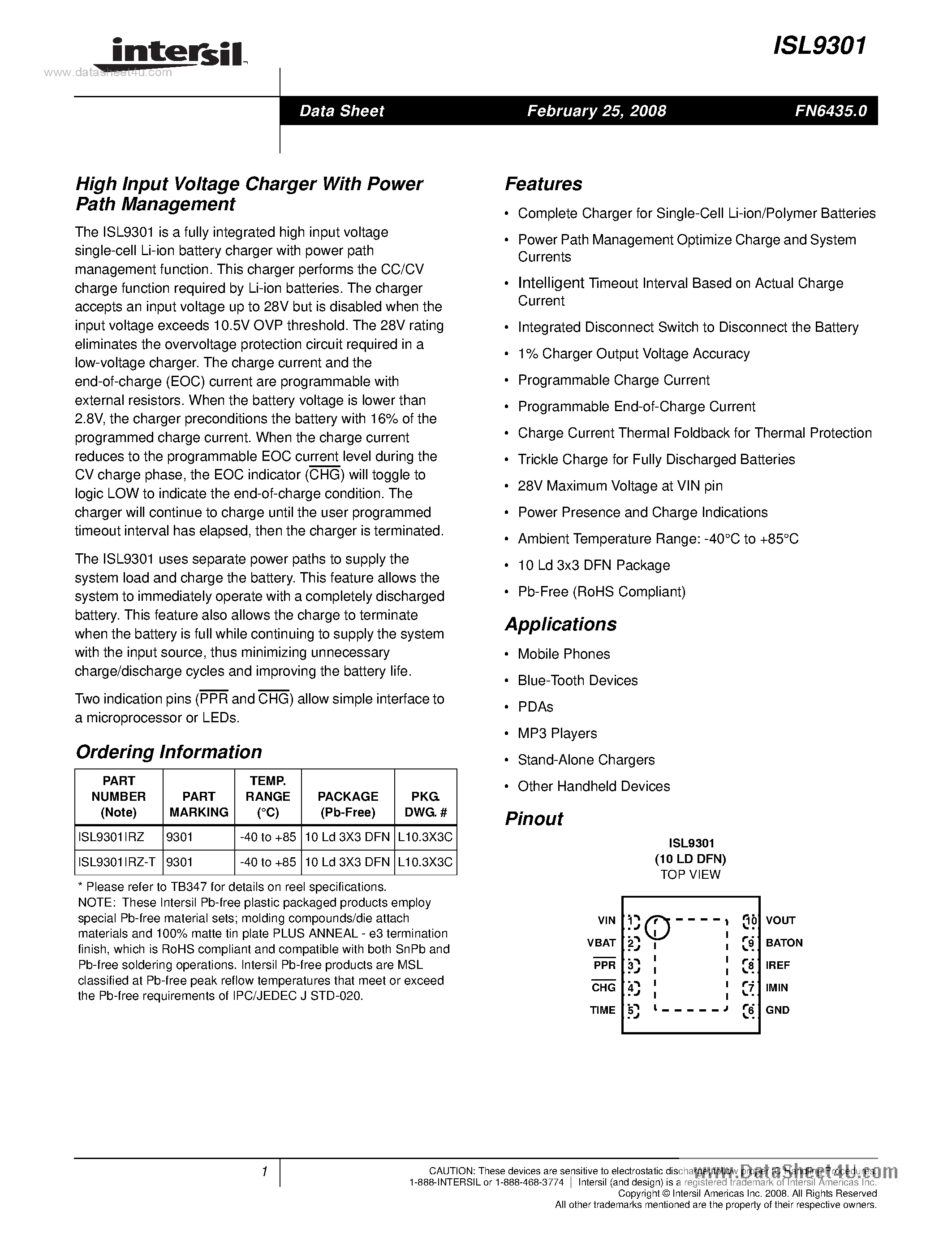 Datasheet ISL9301 page 1 Datasheet ISL9301 - High Input Voltage Charger page 1