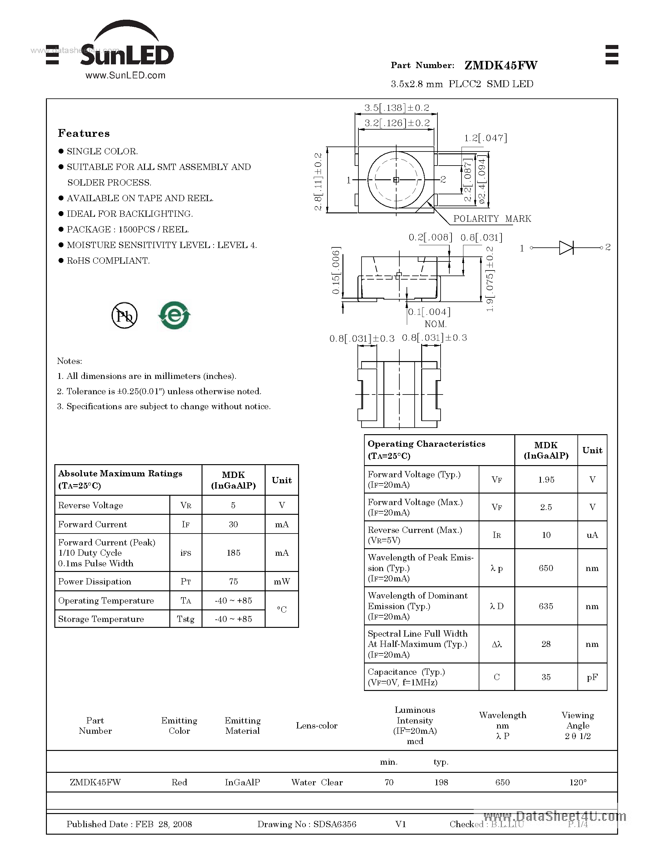Даташит на микросхему ZMDK45FW страница 1 Даташит ZMDK45FW - 3.5x2.8 mm PLCC2 SMD LED страница 1
