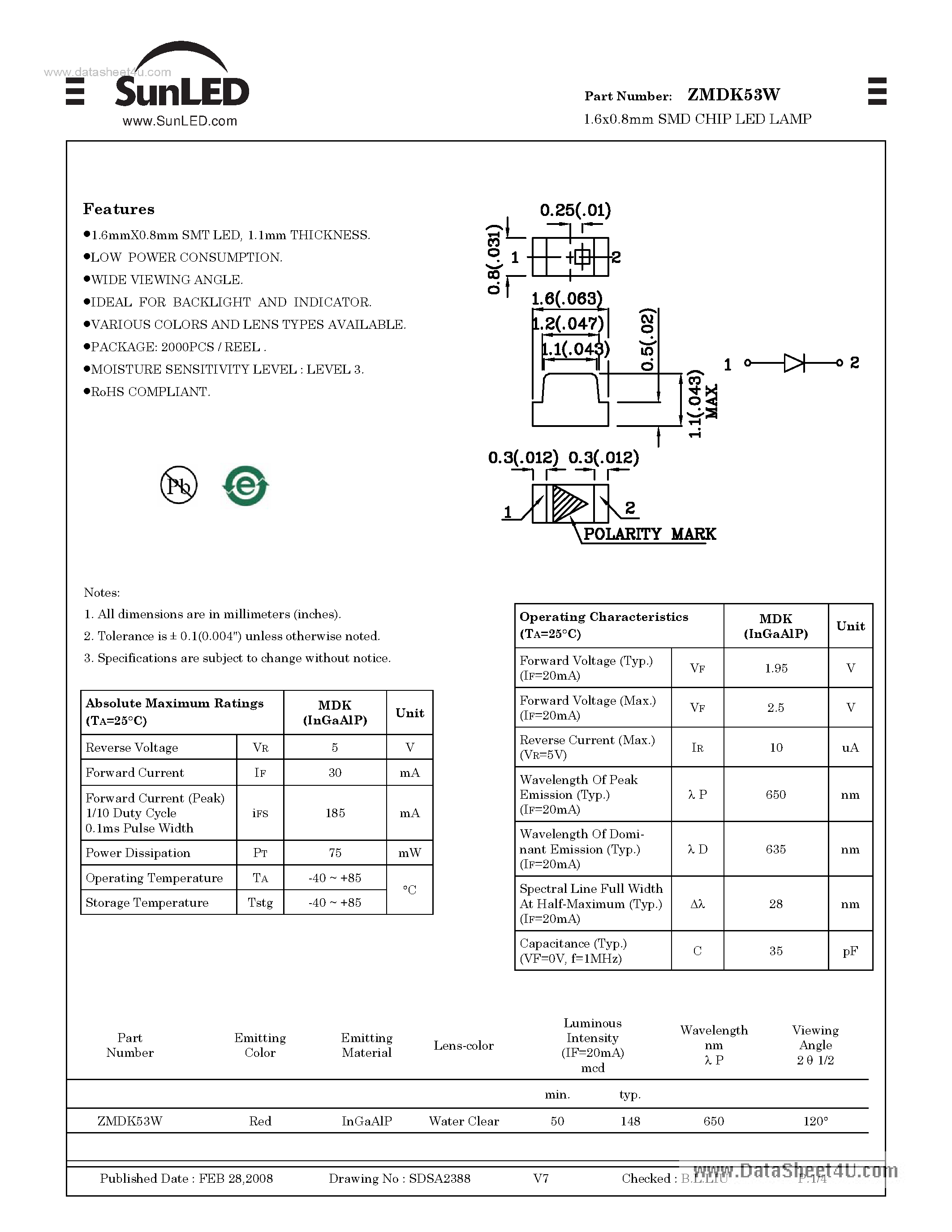 Даташит на микросхему ZMDK53W страница 1 Даташит ZMDK53W - 1.6x0.8mm SMD CHIP LED LAMP страница 1