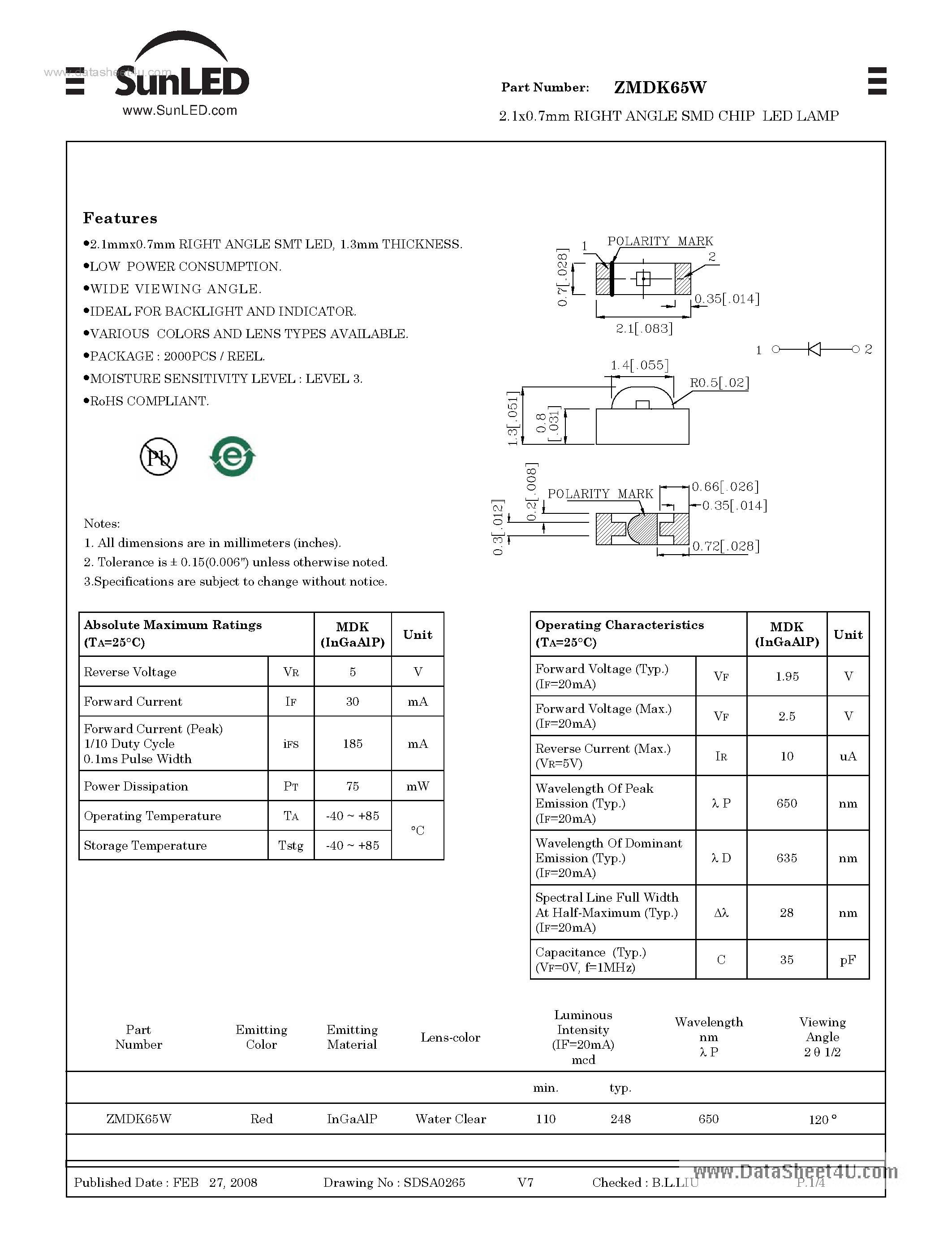 Даташит ZMDK65W - 2.1x0.7mm RIGHT ANGLE SMD CHIP LED LAMP страница 1