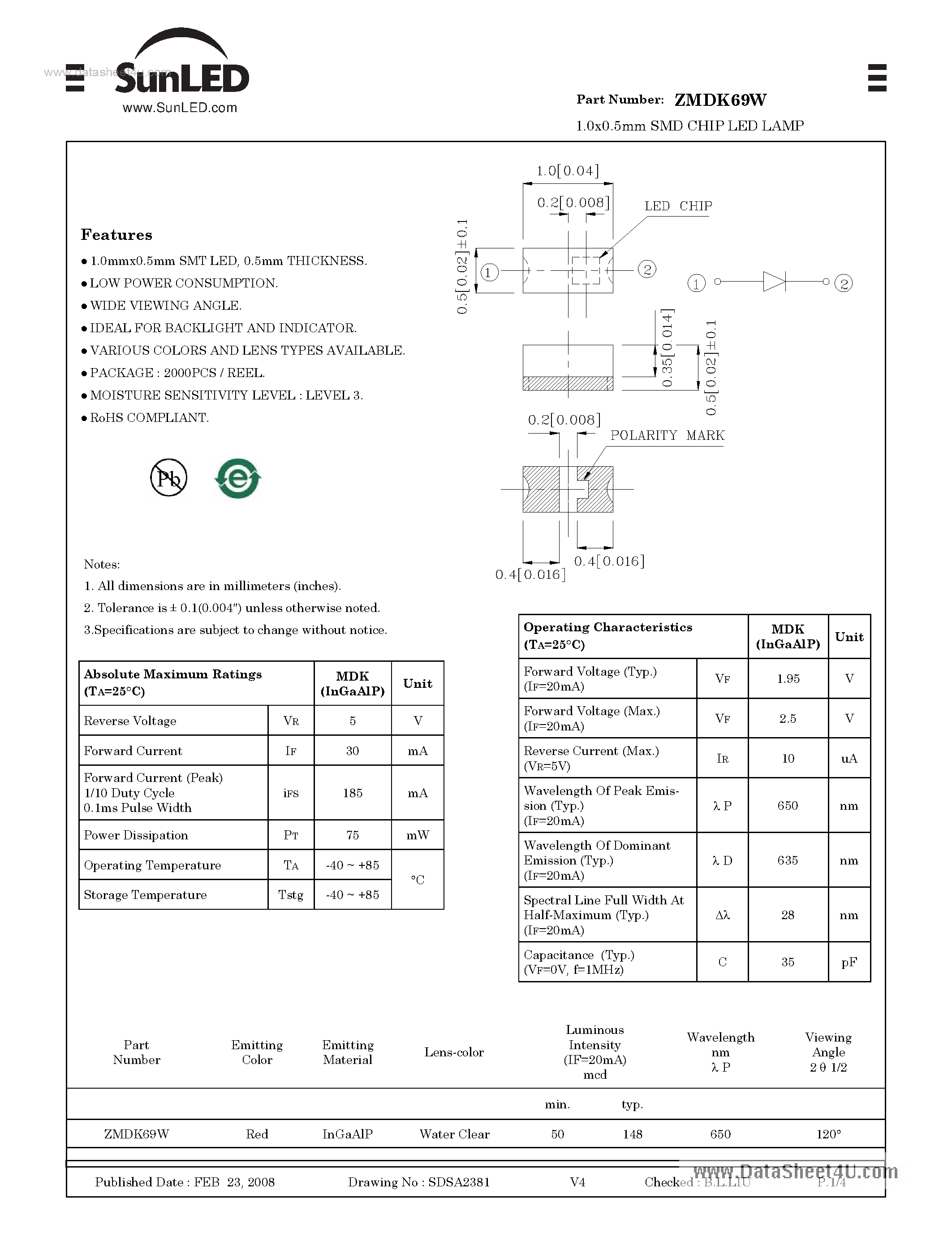 Даташит на микросхему ZMDK69W страница 1 Даташит ZMDK69W - 1.0x0.5mm SMD CHIP LED LAMP страница 1